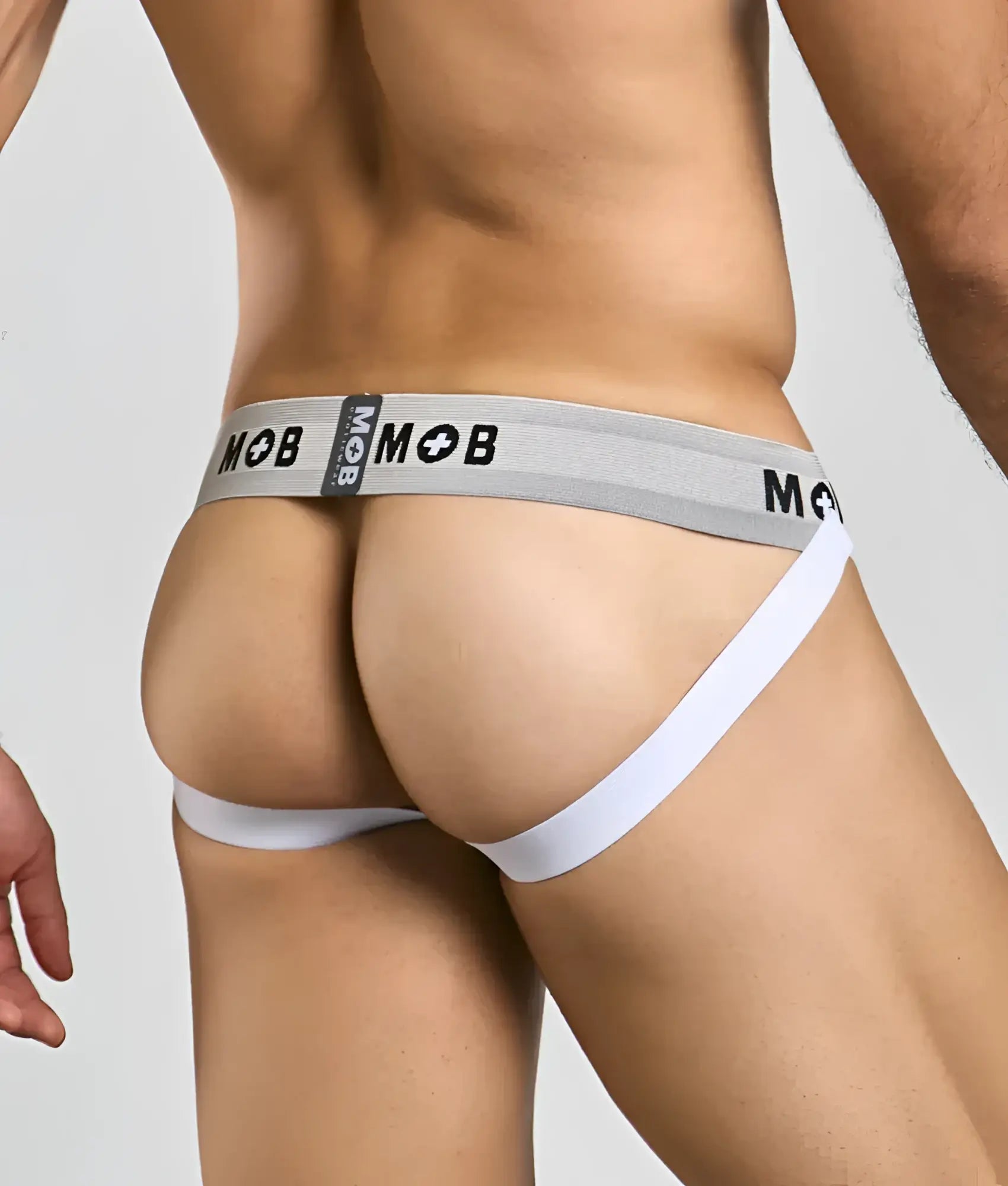 Gray and white mob classic jock briefs with textured waistband and mob logo in black lettering 3 inches