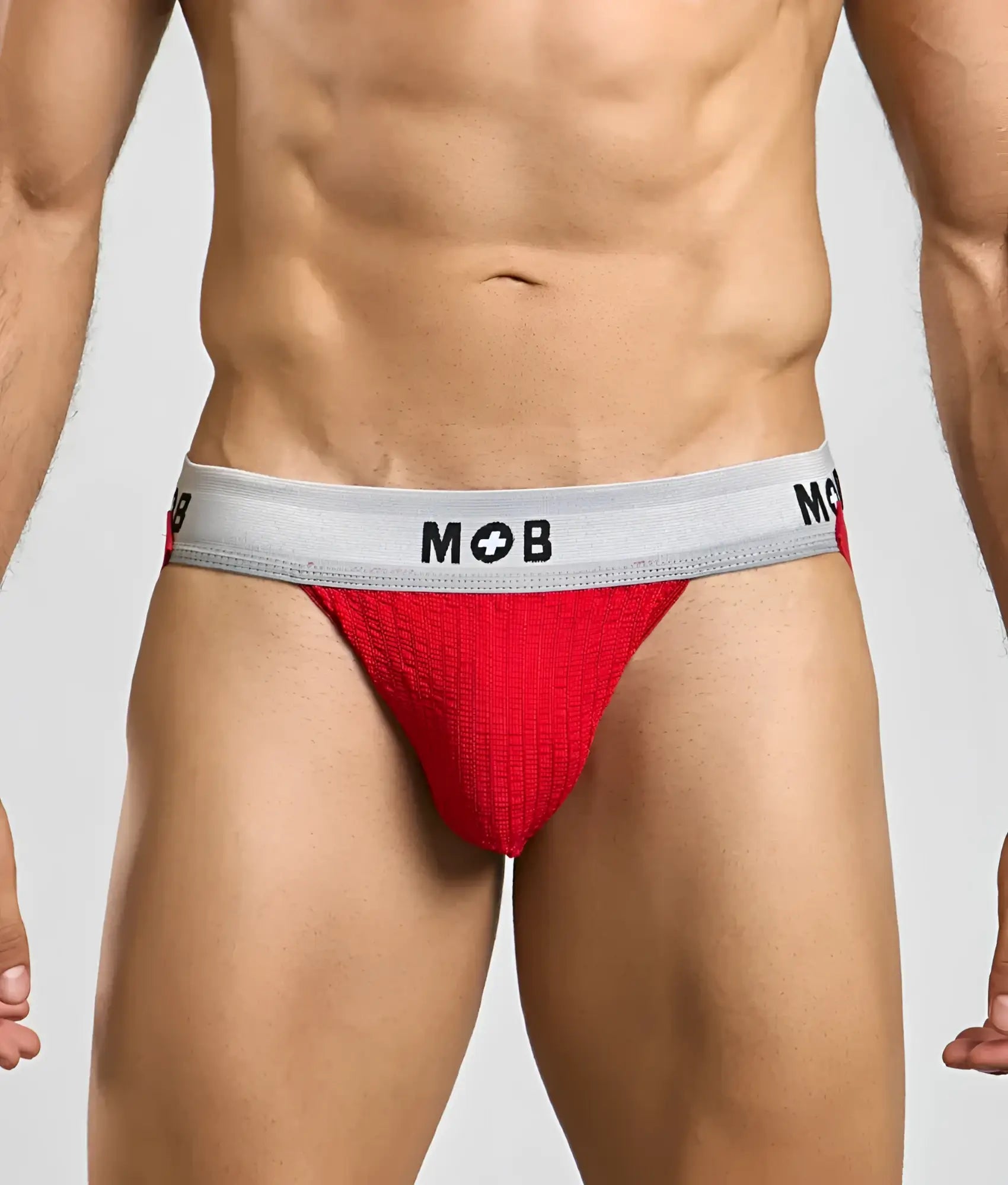 Red textured briefs with gray waistband featuring mob logo from the mob classic jock 3 inches collection