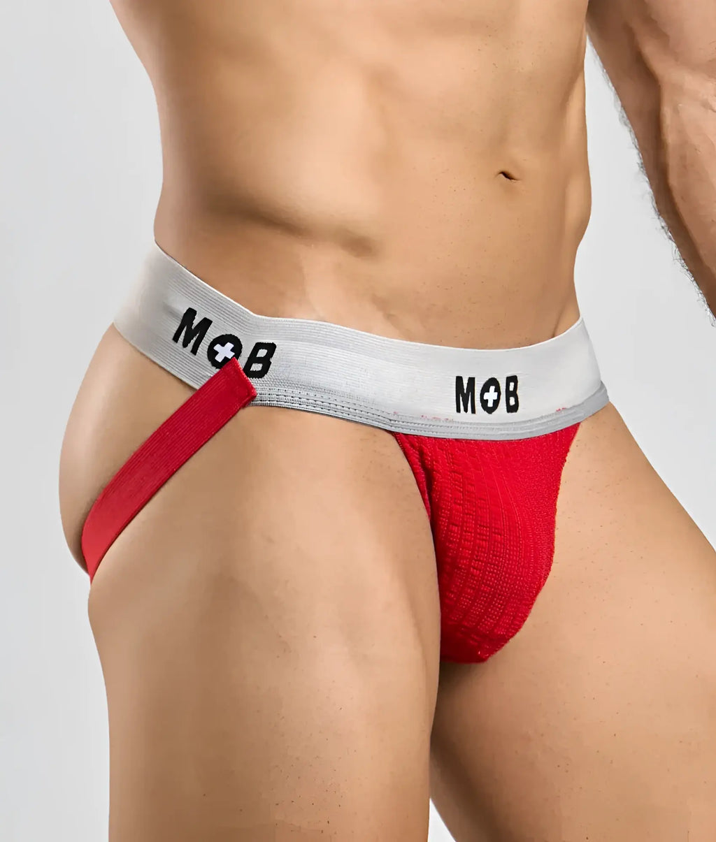 Red textured briefs with a gray waistband featuring the mob logo black from mob classic jock 3 inches product