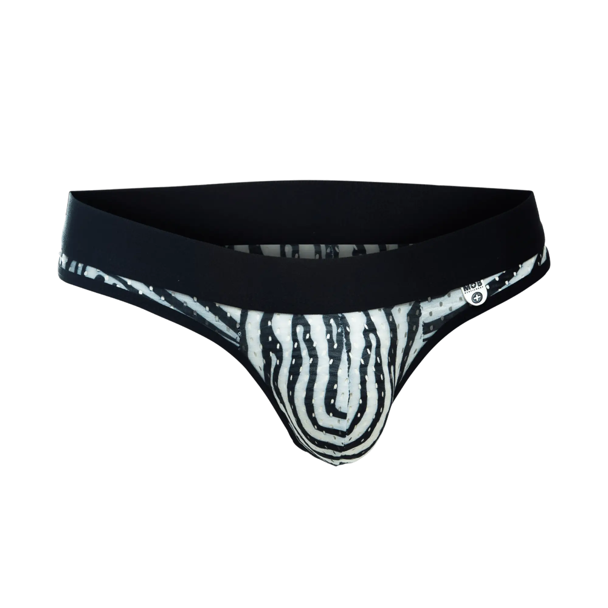 Men’s briefs with black and white zebra stripes and solid black elastic waistband from mob aero jock collection