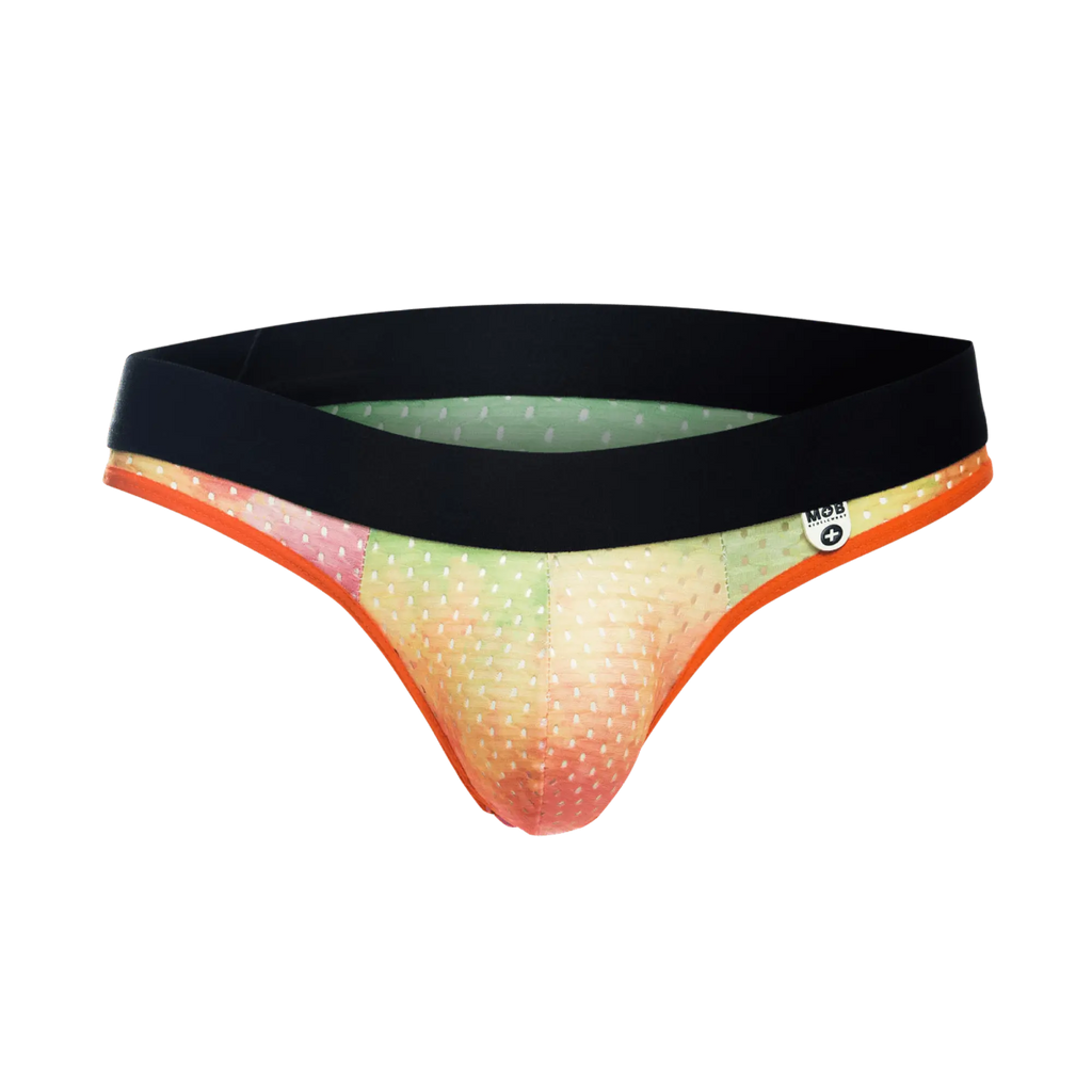 MOB Aero jock vibrant gradient-patterned briefs with black waistband orange trim and small white polka dots