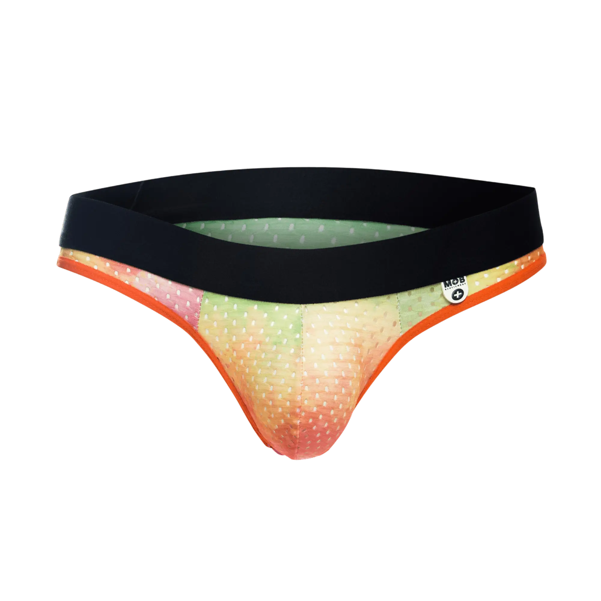 Mob aero jock briefs with vibrant gradient pattern, black waistband, orange trim, and white polka dots