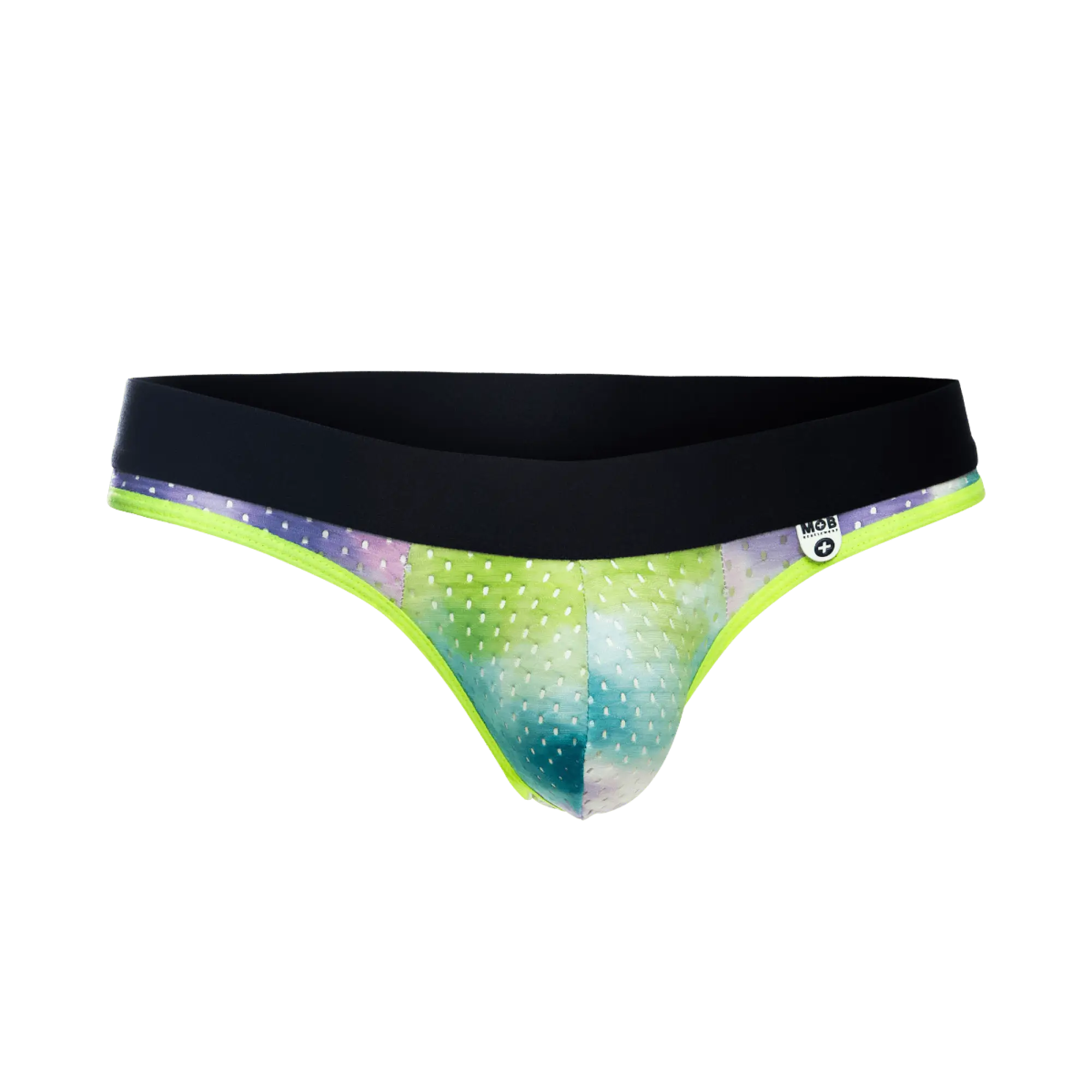 MOB Aero Jock briefs with vibrant tie-dye pattern neon green trim and black waistband for active wear