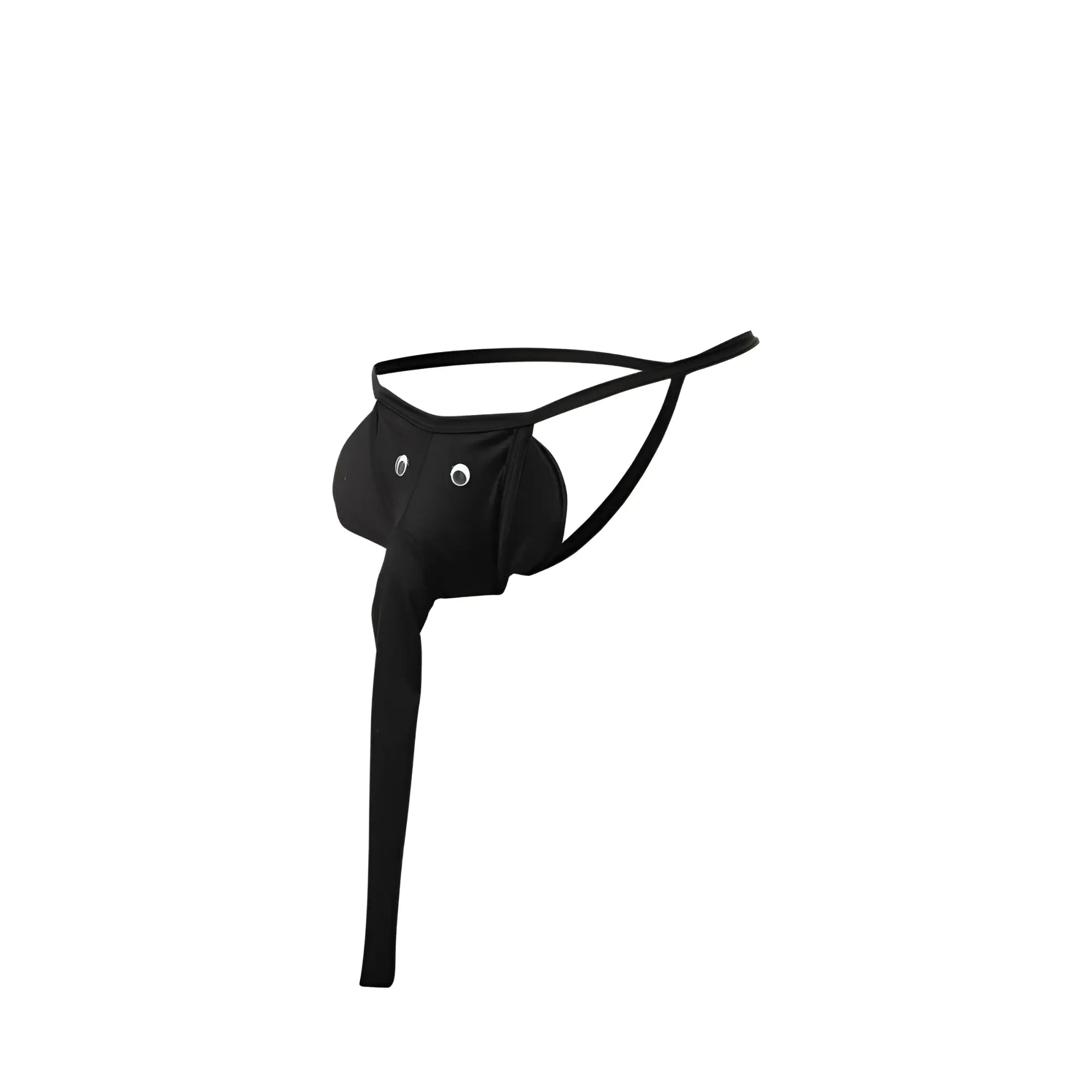 Black elephant thong with long narrow strap and two small white circular embellishments on front