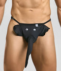 Black elephant thong with googly eyes long trunk and adjustable straps made of soft fabric for playful wear