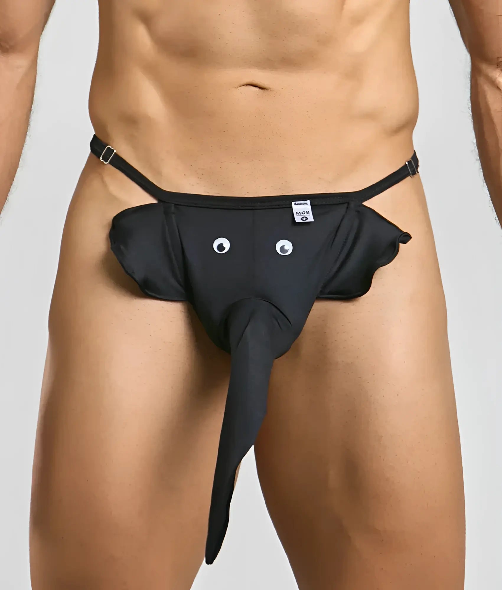 Black elephant thong with googly eyes long trunk and adjustable straps made of soft fabric for playful wear