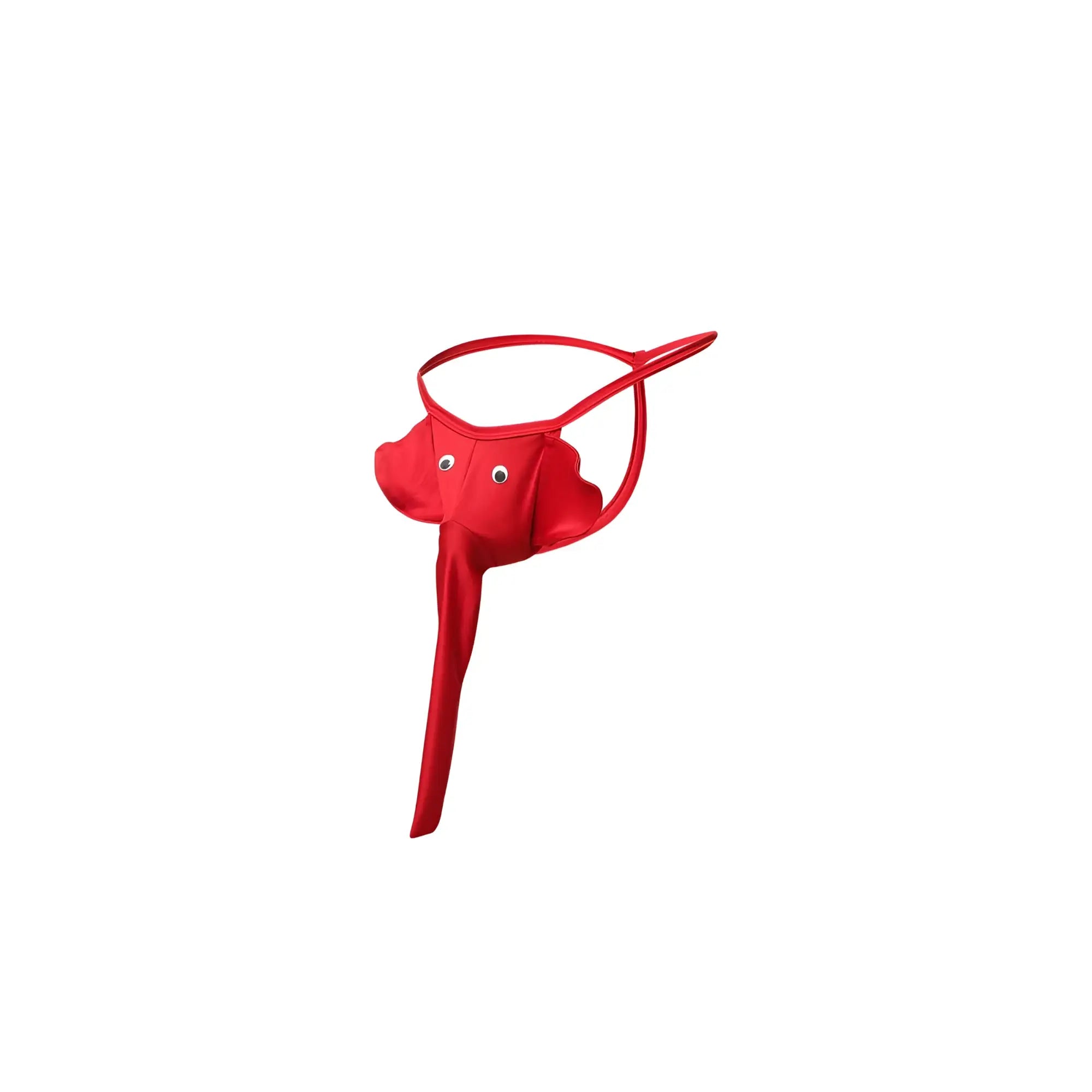 Red elephant thong made of shiny fabric with googly eyes for playful lingerie or costume wear