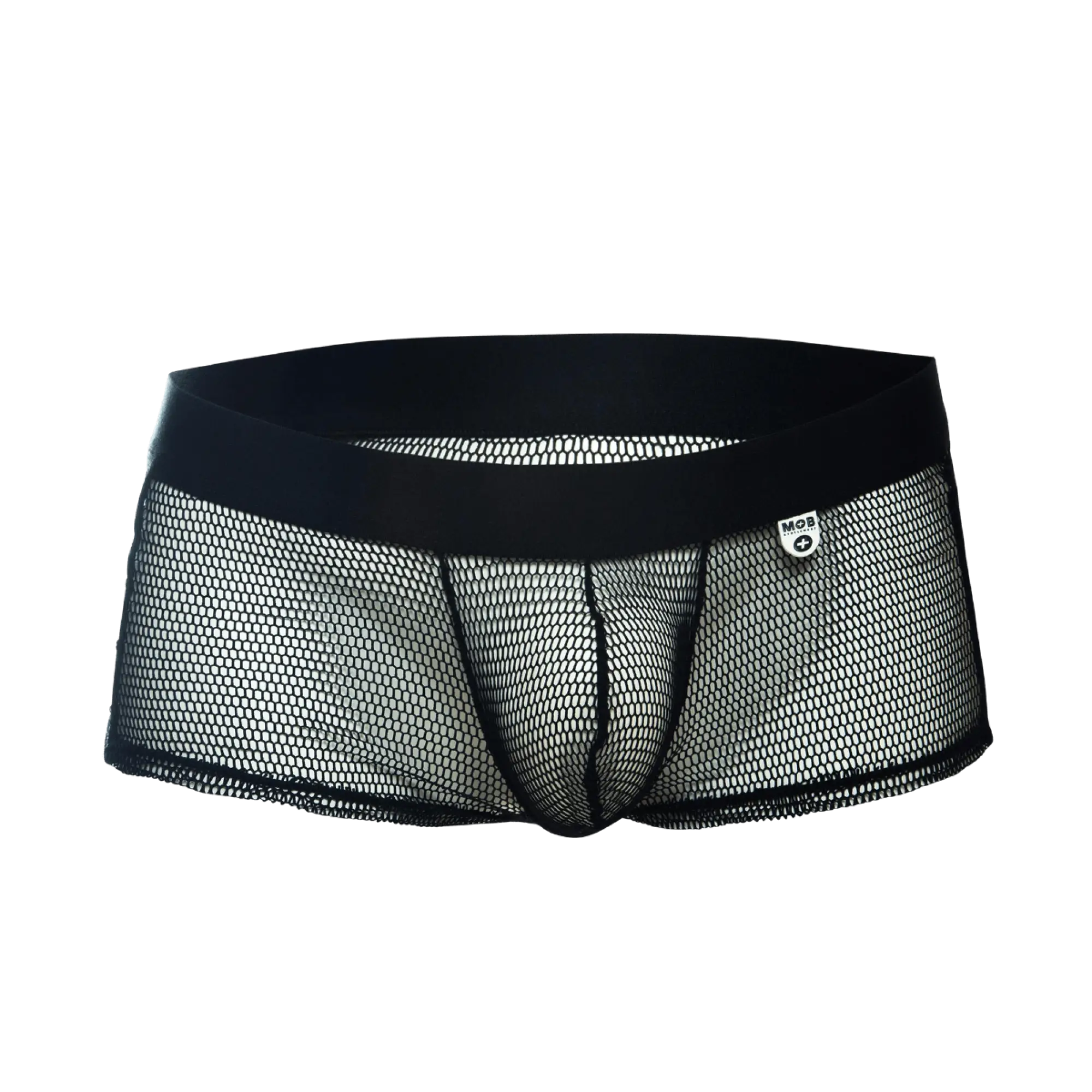 Black mesh men’s mob fishnet boxer underwear with solid black waistband and small white logo tag