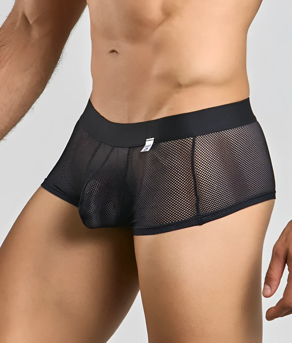 Black mesh mob fishnet boxer briefs with solid black waistband and small white tag front view