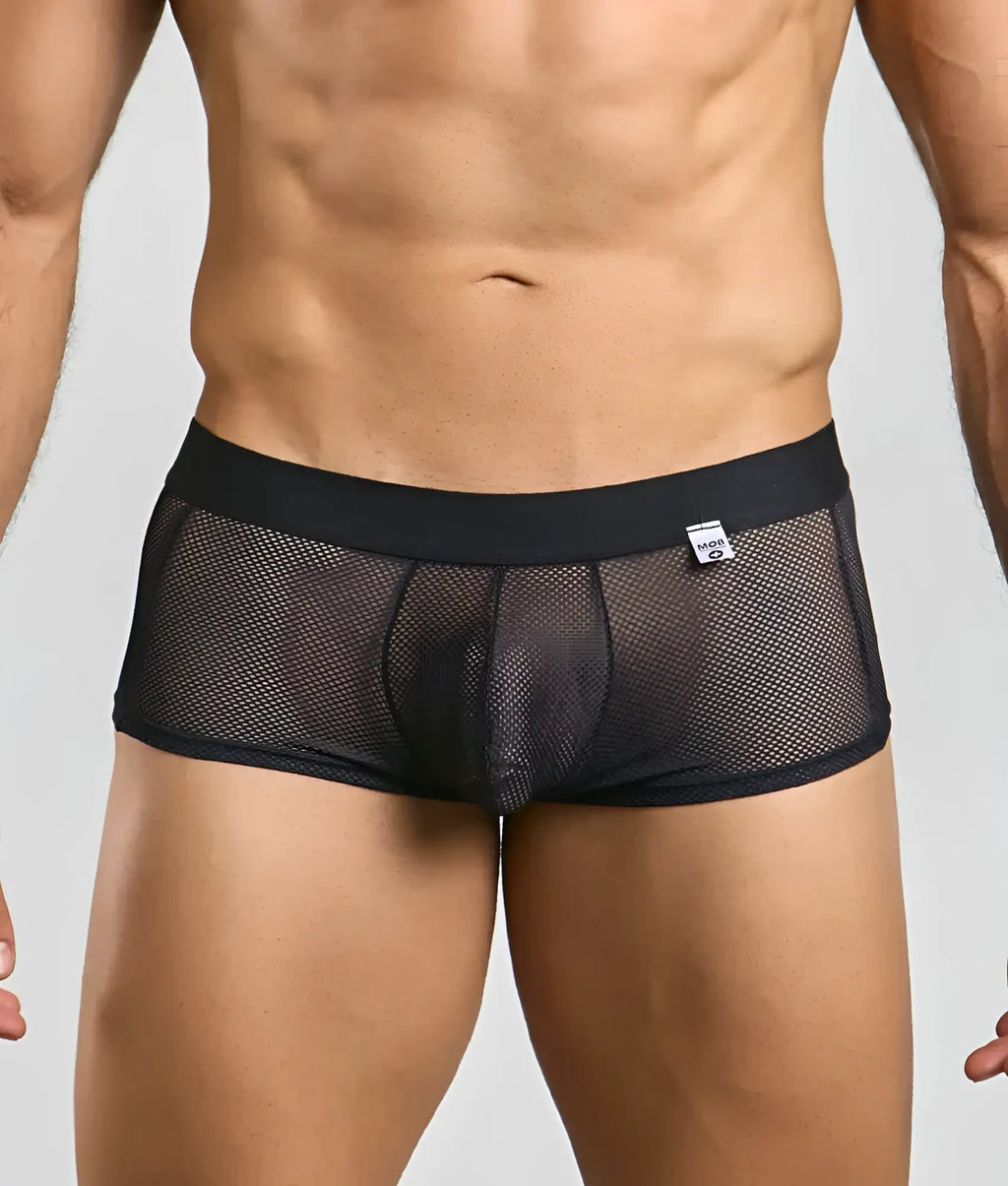 Mob fishnet boxer black mesh briefs with solid waistband and small white brand tag visible in front view