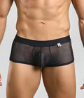 Mob fishnet boxer black mesh briefs with solid waistband and small white brand tag visible in front view