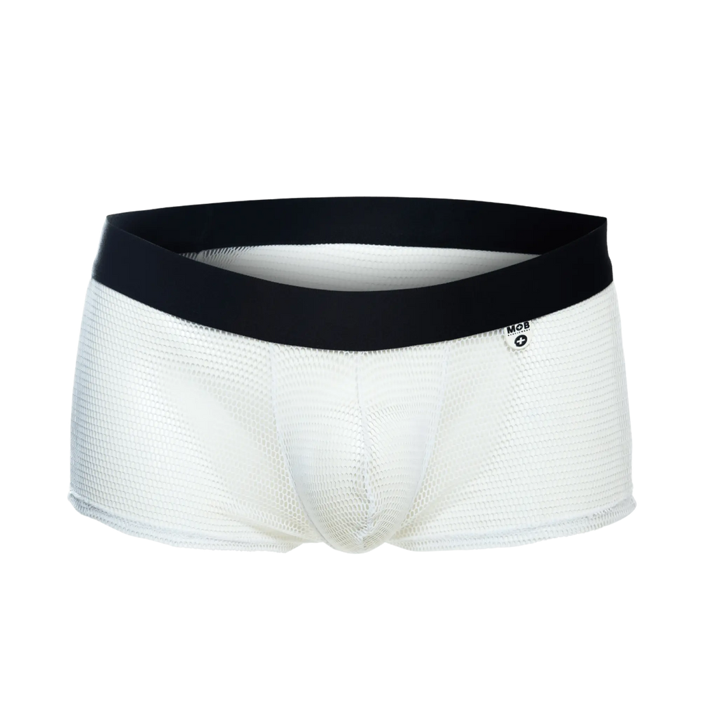 White mesh briefs with black elastic waistband and mcb logo on side from mob fishnet boxer collection