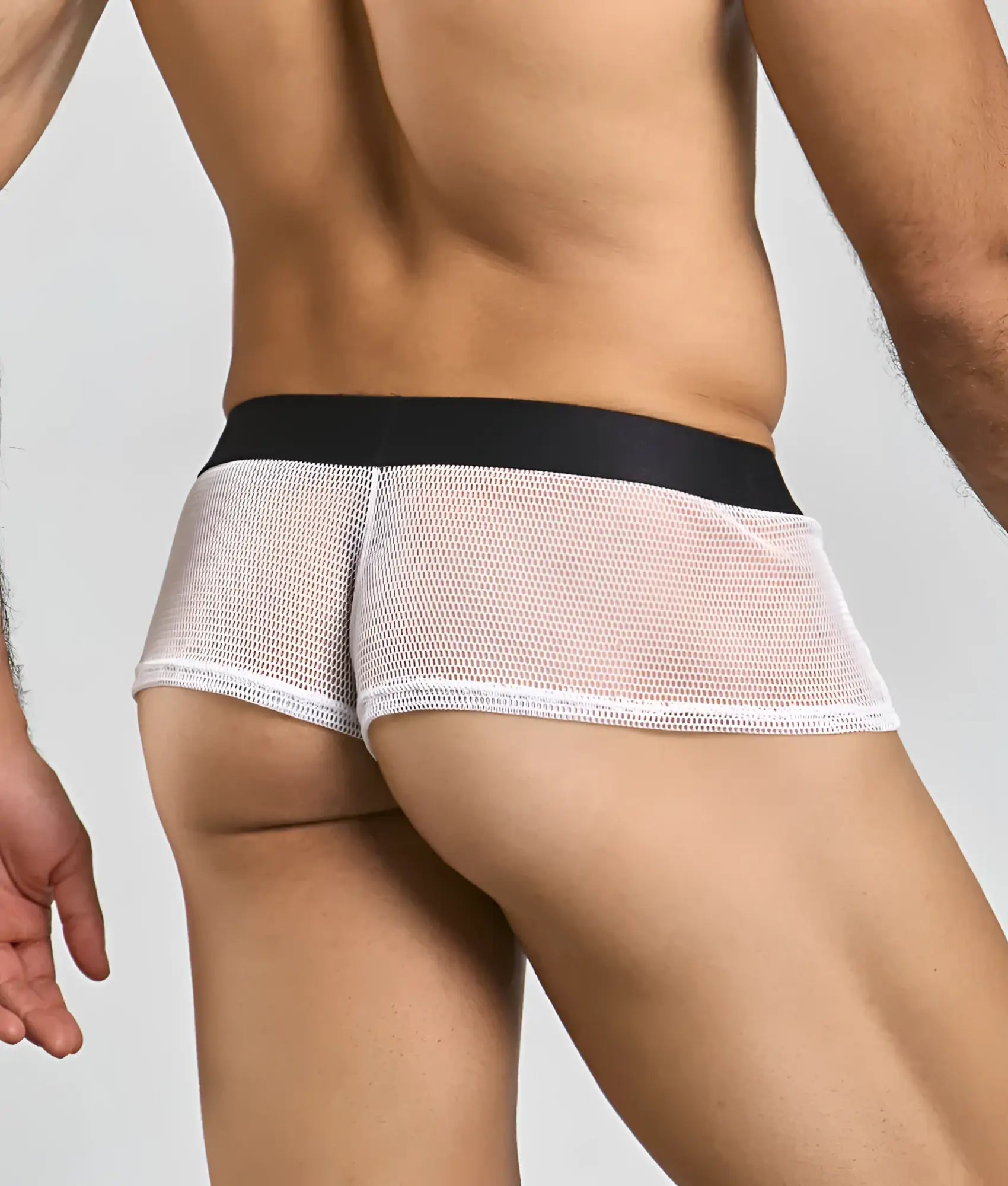 White mesh briefs with black waistband featuring fishnet material in mob fishnet boxer style front view