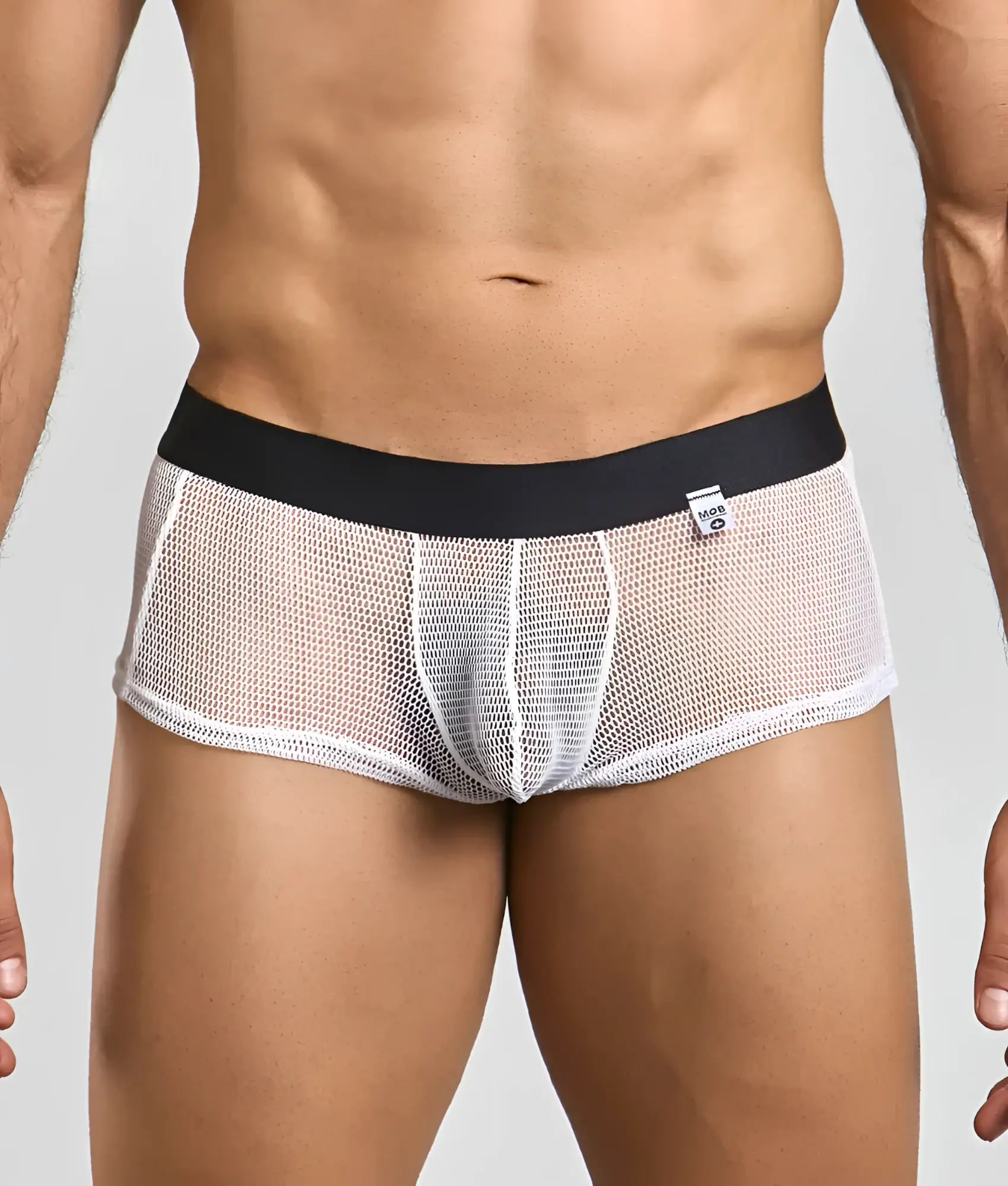 White mesh mob fishnet boxer briefs with black waistband showcasing breathable fishnet fabric design