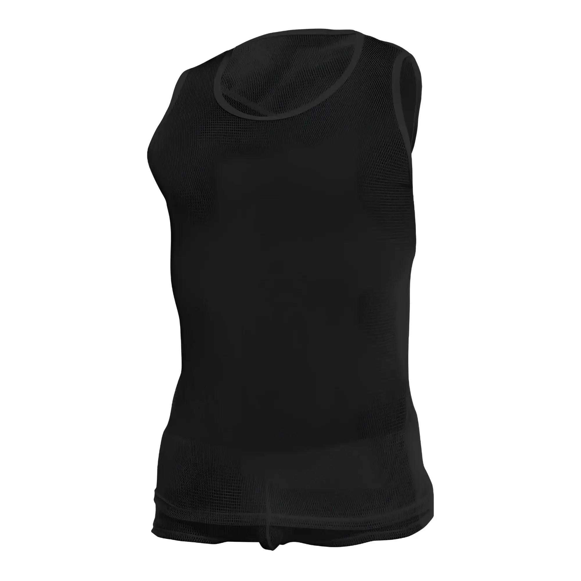Black mesh sleeveless mob fishnet tanktop with rounded neckline and ribbed hem for stylish layering