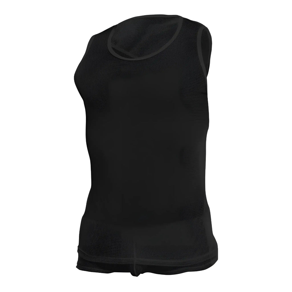 Black mesh sleeveless mob fishnet tanktop with rounded neckline and ribbed hem suitable for layering or summer wear