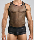 Black mesh tank top mob fishnet tanktop with round neckline and reinforced black trim along edges