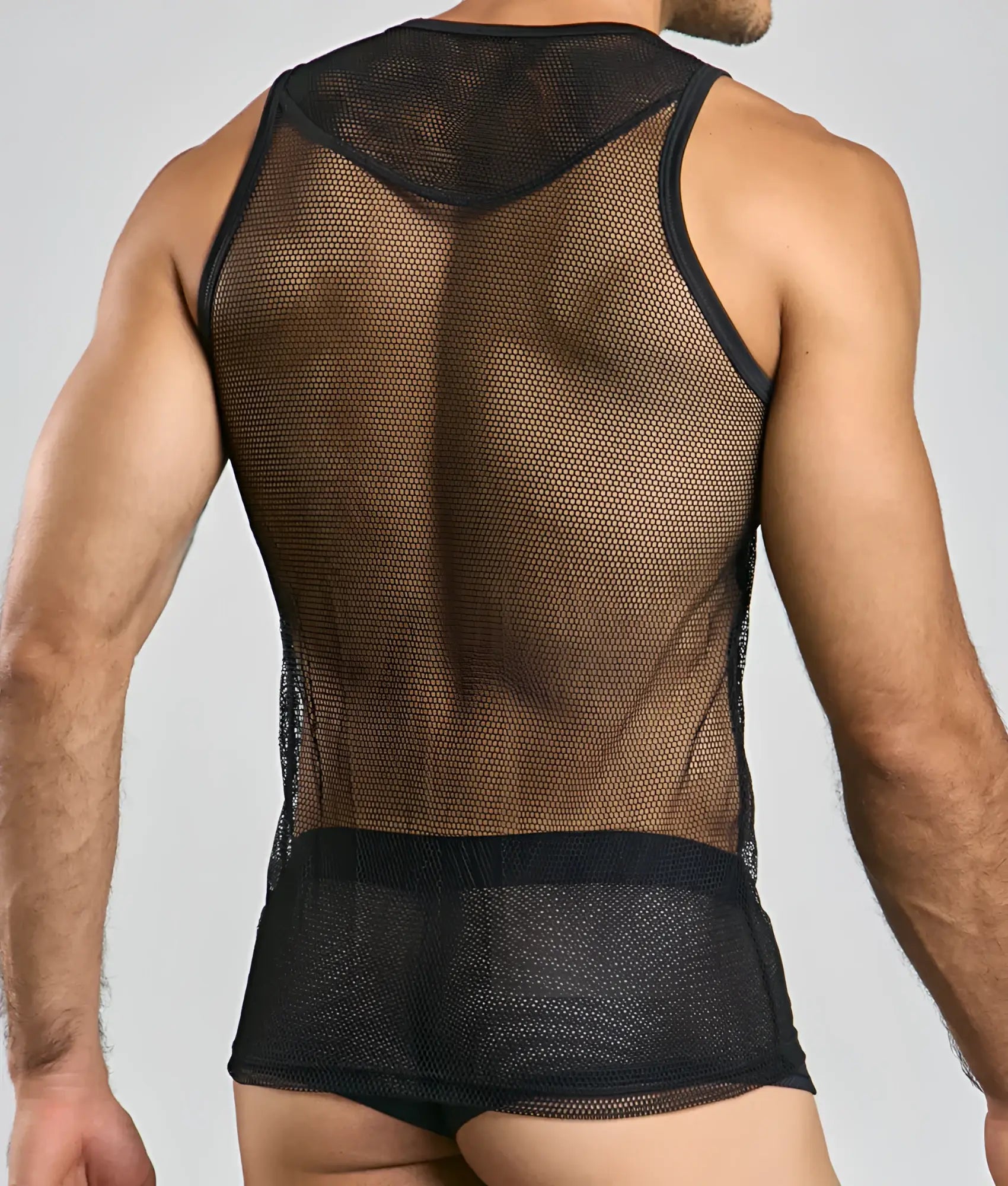 Black mesh mob fishnet tanktop with sheer breathable fabric and reinforced trim along neckline and waistband