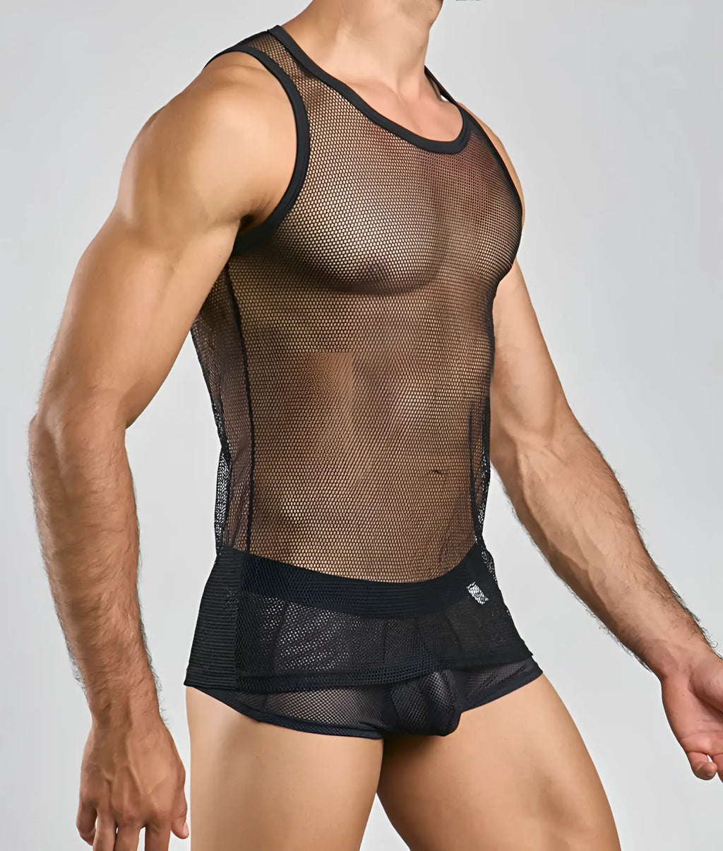 Black fishnet mesh tank top with black trim paired with matching briefs in a mob fishnet tanktop set