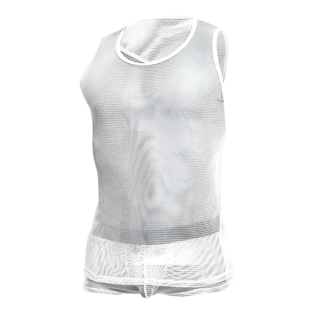 White mesh mob fishnet tanktop with round neckline and hemmed edges made of breathable fabric