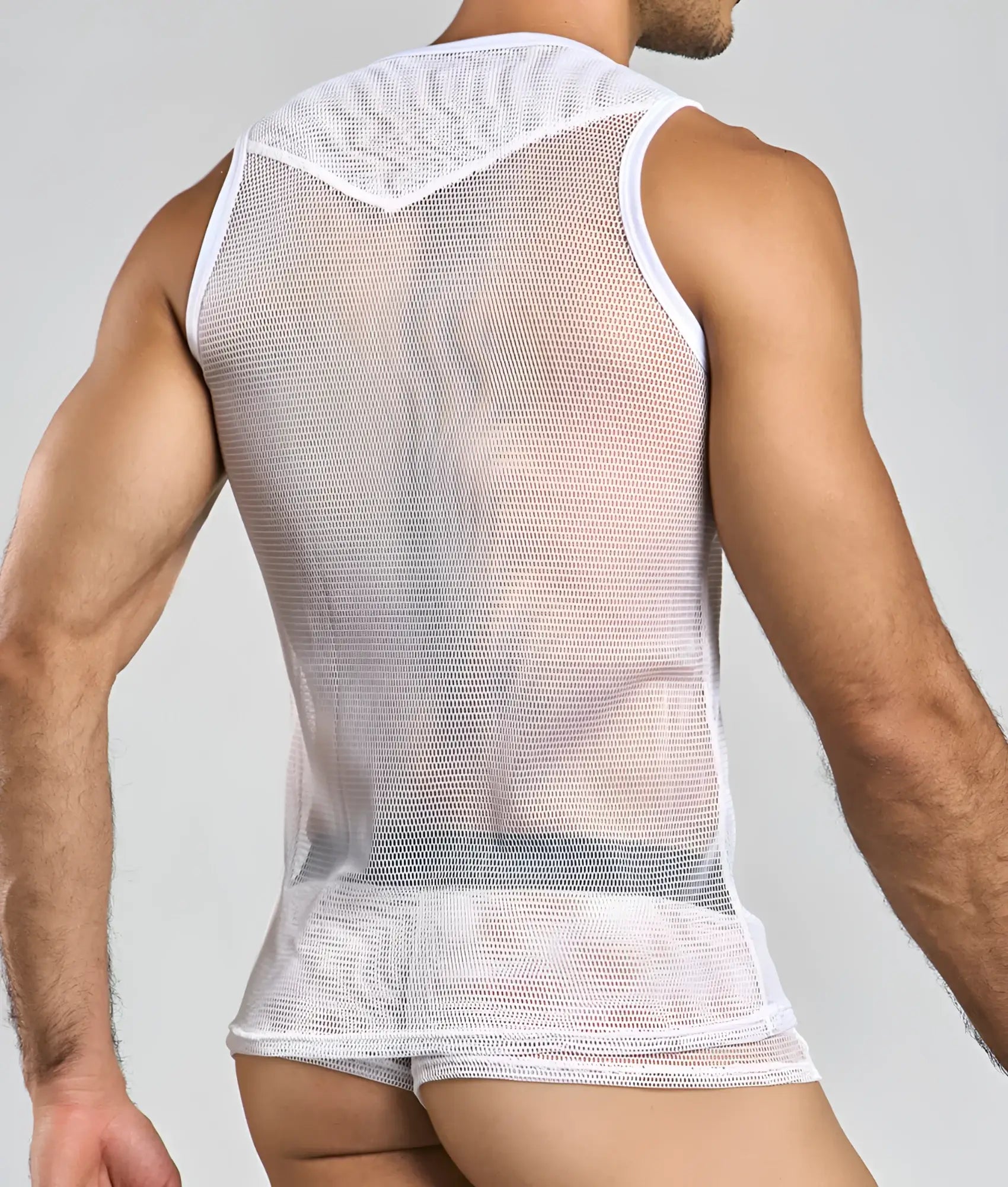 White mesh MOB fishnet tanktop with v-neckline and reinforced white trim along the edges