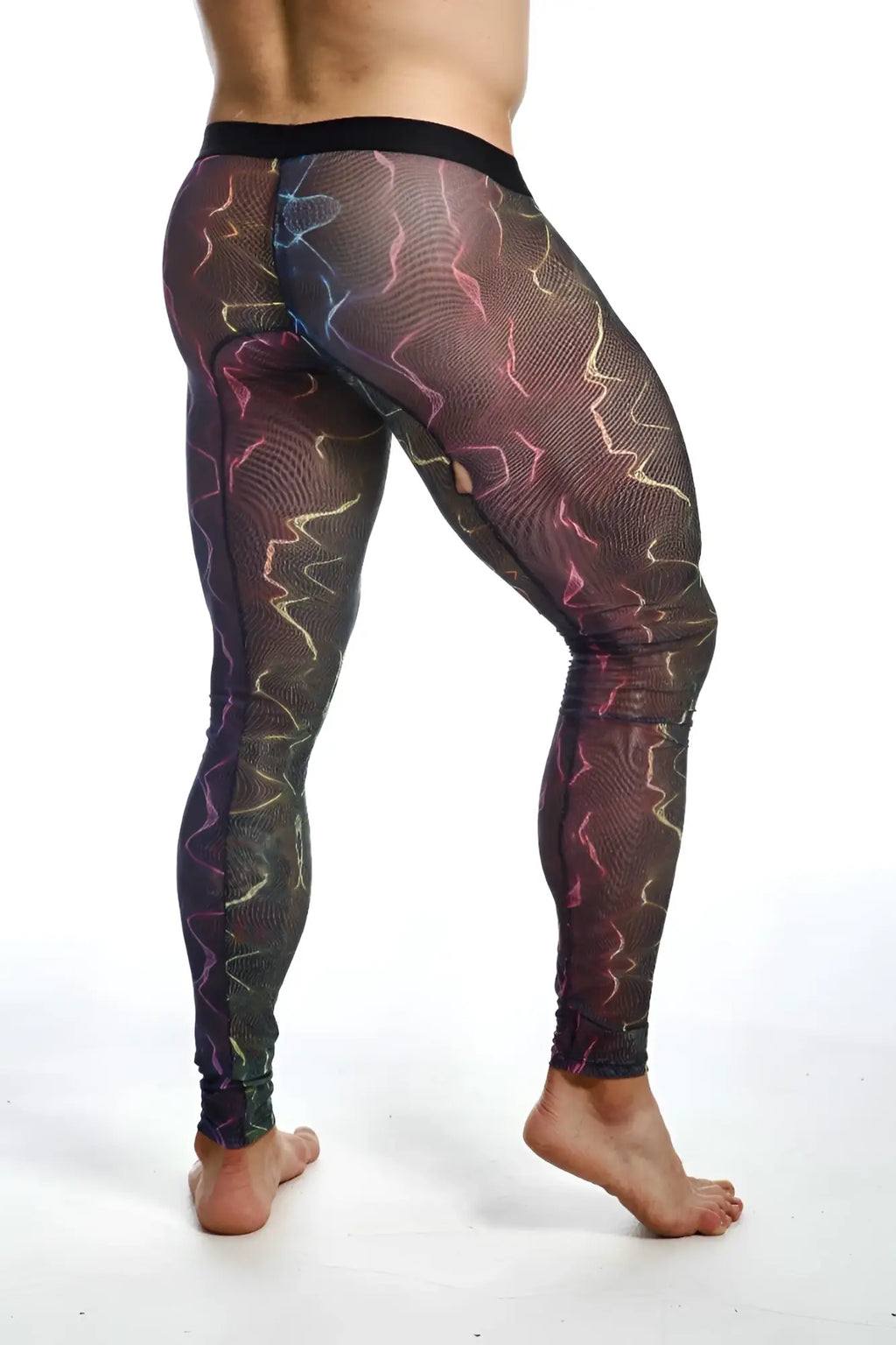 Black mesh MOB mesh tights featuring vibrant iridescent lightning bolt pattern in pink blue and gold