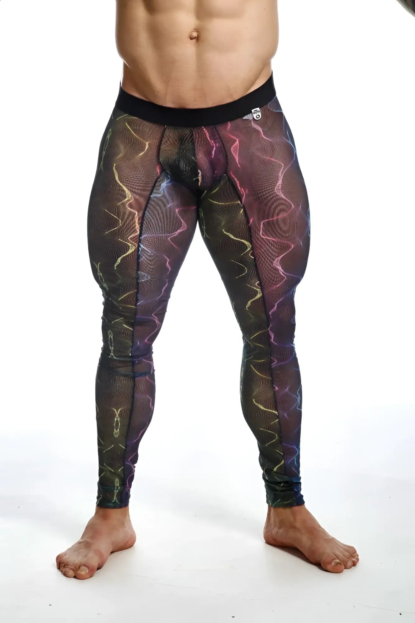 MOB Mesh Tights black mesh leggings with iridescent purple pink and gold lightning bolt pattern