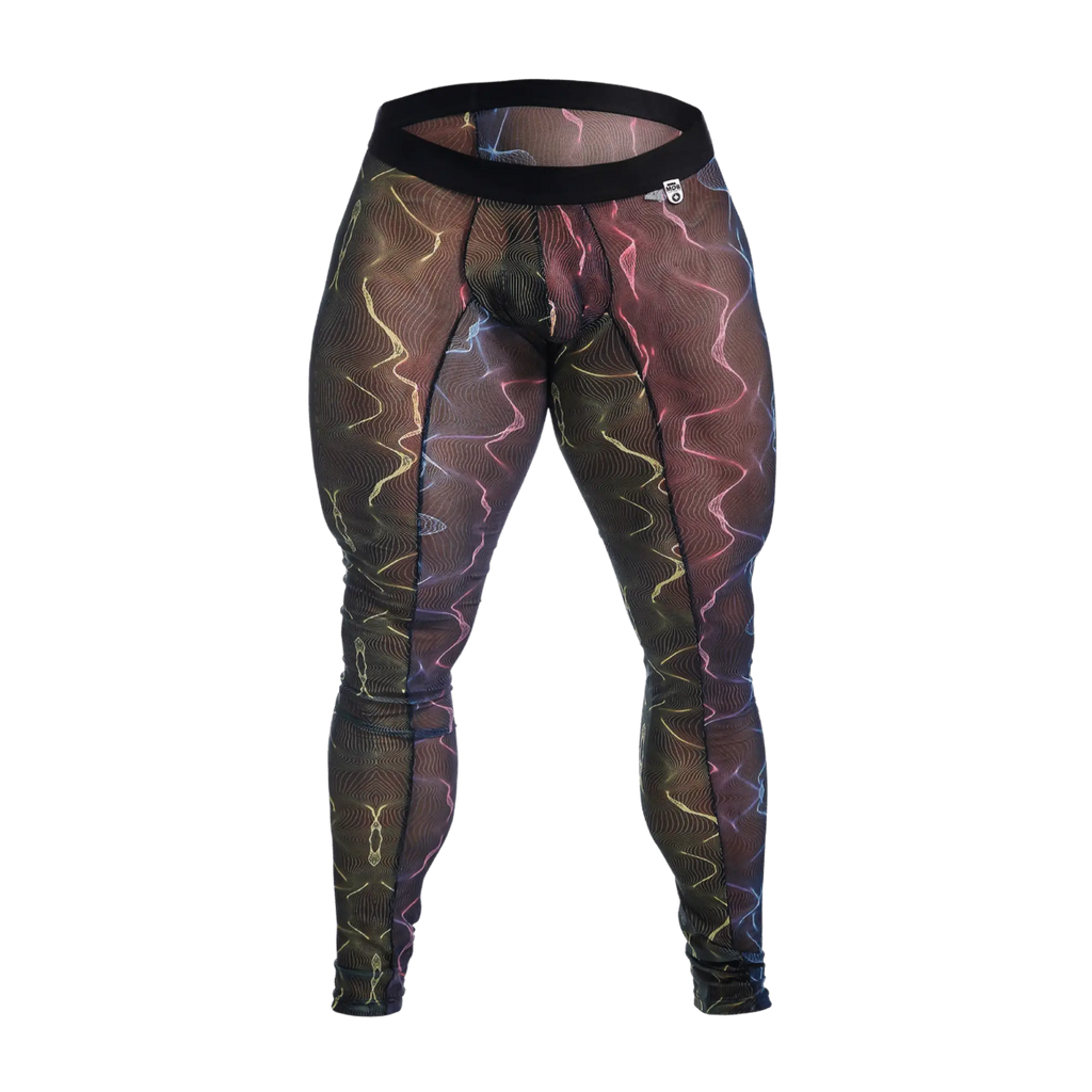 MOB mesh tights black leggings with vibrant glowing neon wave pattern in pink yellow and blue on black mesh fabric