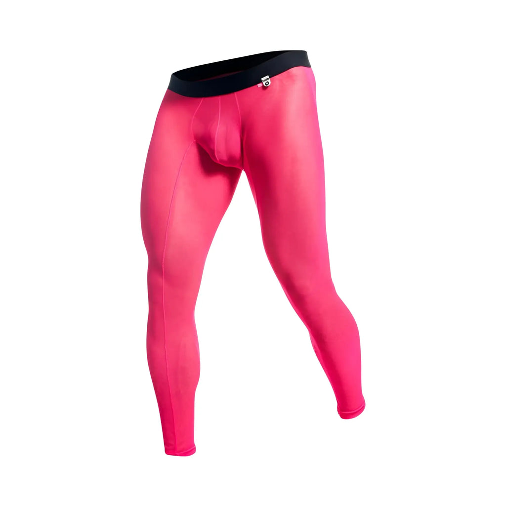Bright pink mob mesh compression tights with black waistband designed for support and performance