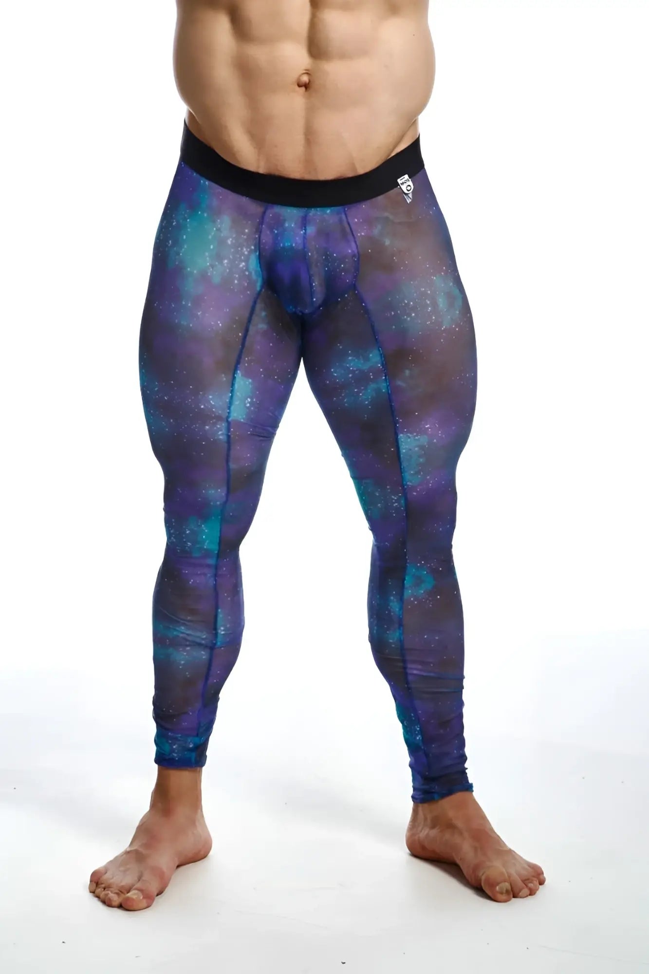 Mob mesh tights compression leggings with purple and teal galaxy pattern and black waistband, front view