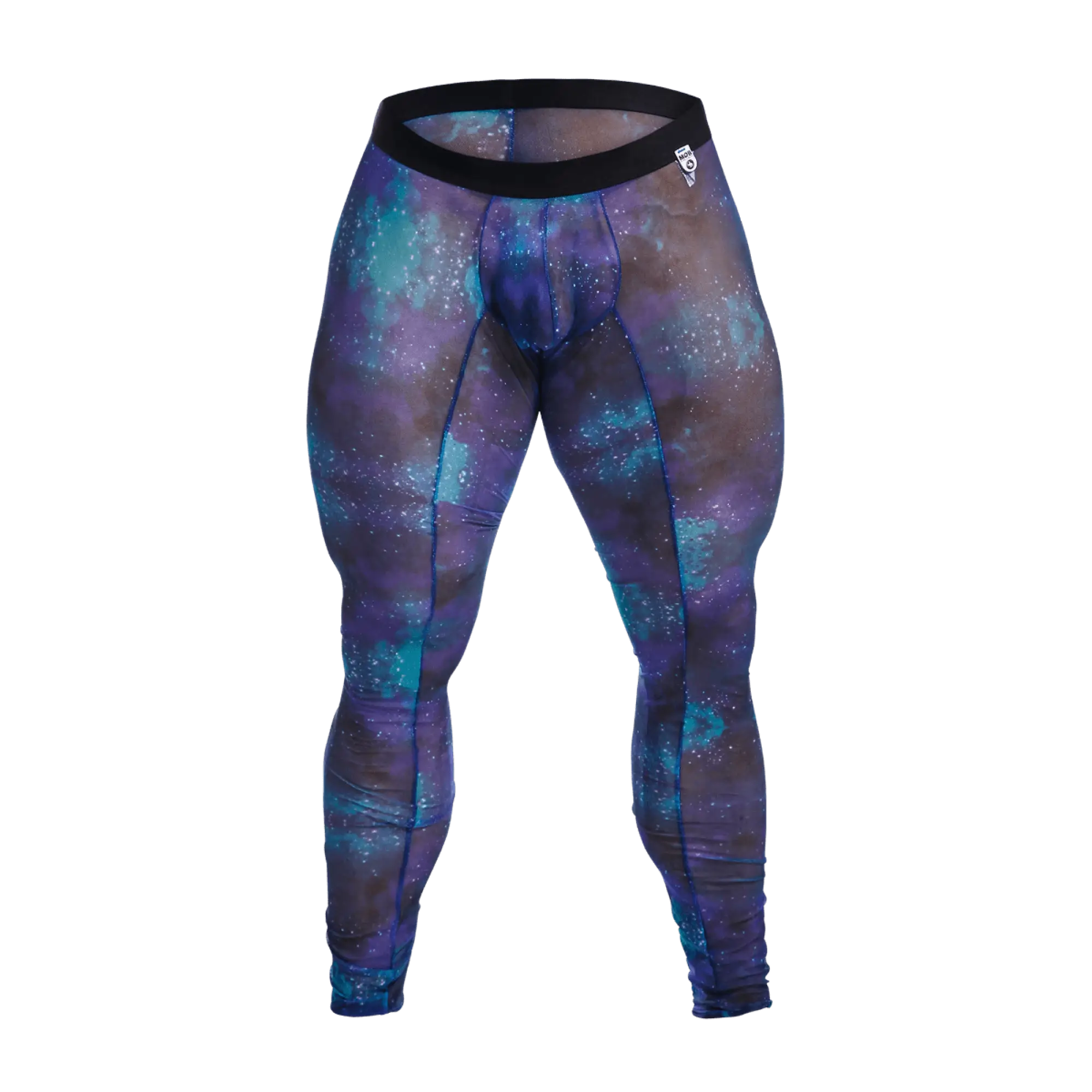 Purple and teal galaxy-patterned compression leggings with black waistband from mob mesh tights front view