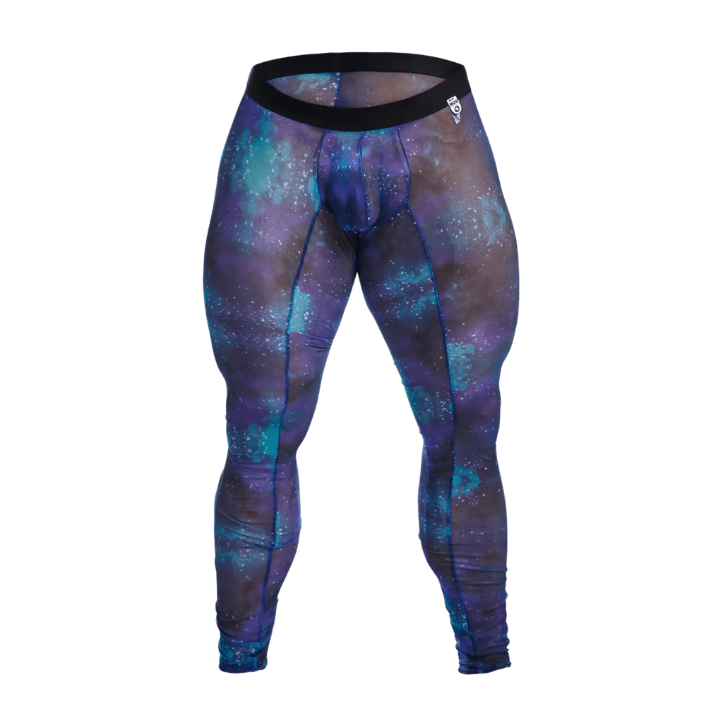 Purple and teal galaxy-patterned compression leggings with black waistband from mob mesh tights collection