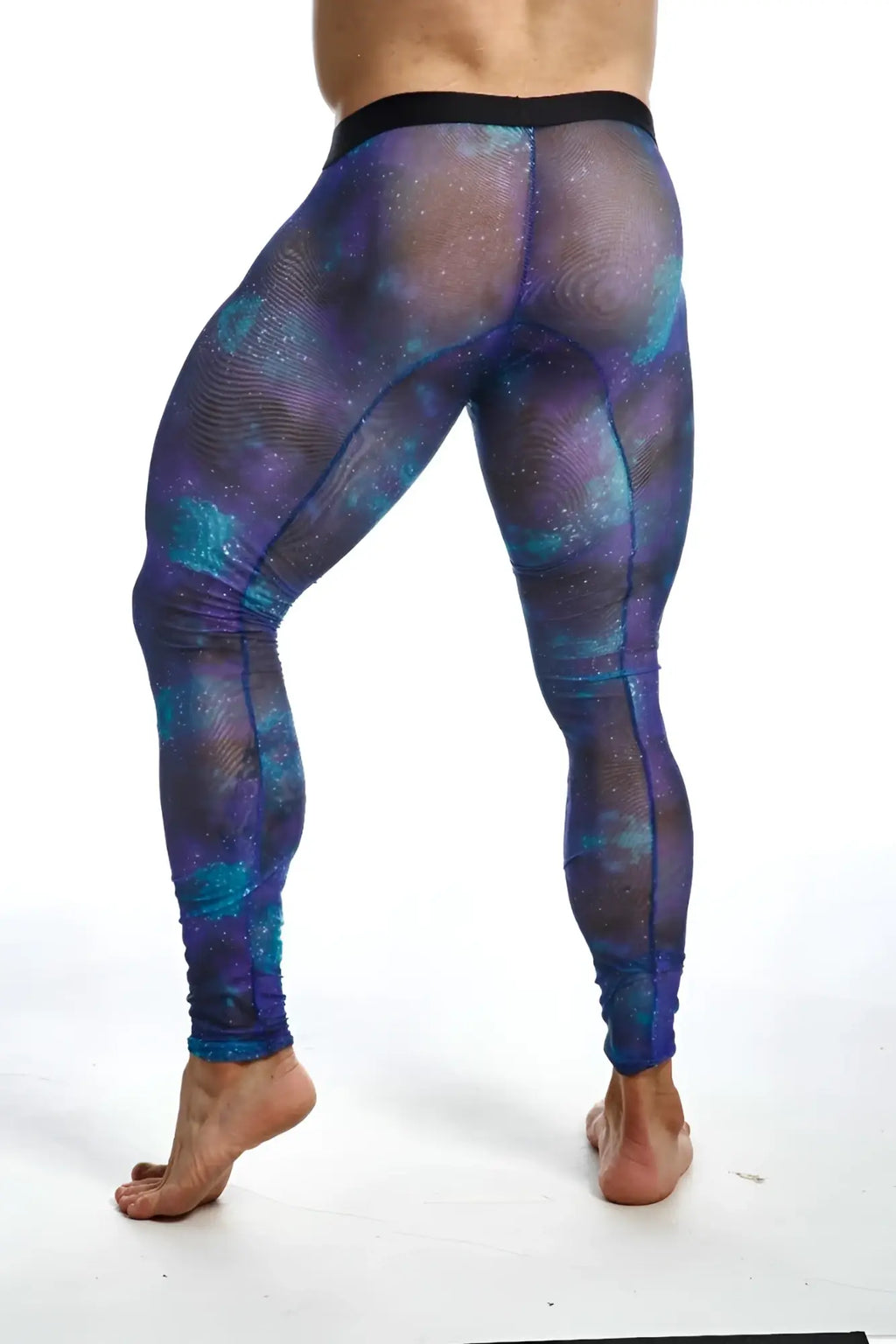 MOB mesh tights featuring purple and teal galaxy pattern mesh leggings with a black waistband front view