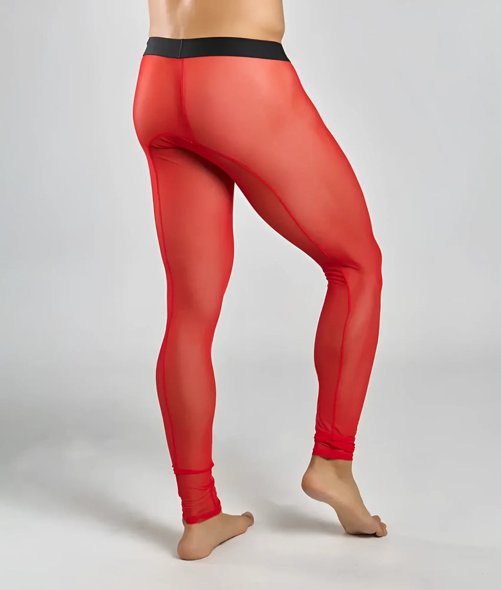 Red sheer mesh leggings with a black waistband from mob mesh tights featuring breathable mesh fabric