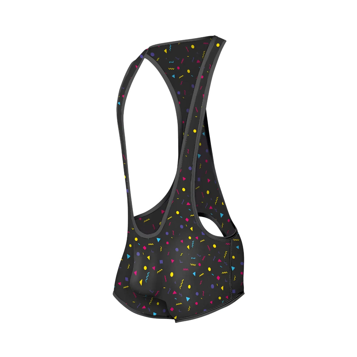 Black cycling bib shorts with vibrant yellow pink blue and purple confetti pattern back view in mob singlet design