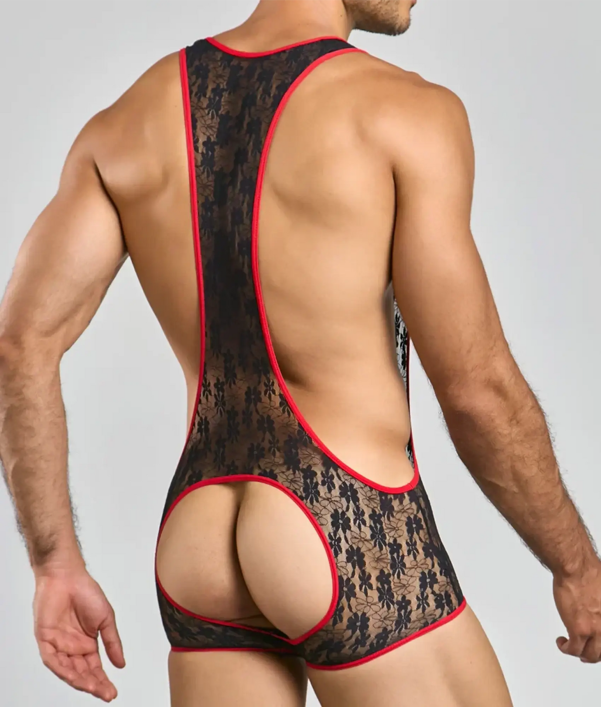 Black lace mob singlet bodysuit with red trim and floral pattern showcasing front design details