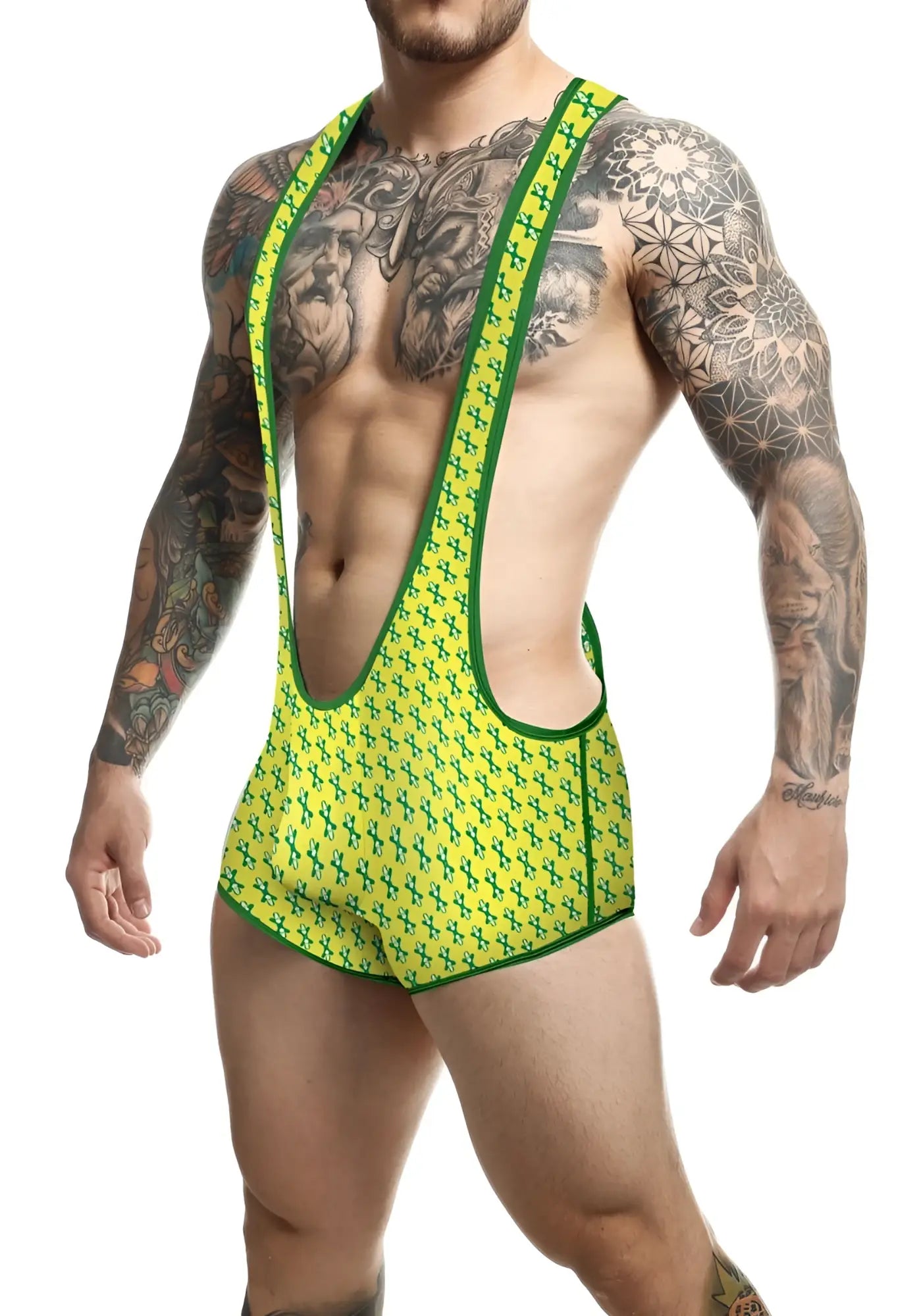 Men’s mob singlet suspenders in bright green and lime yellow with bold black crosshatch pattern