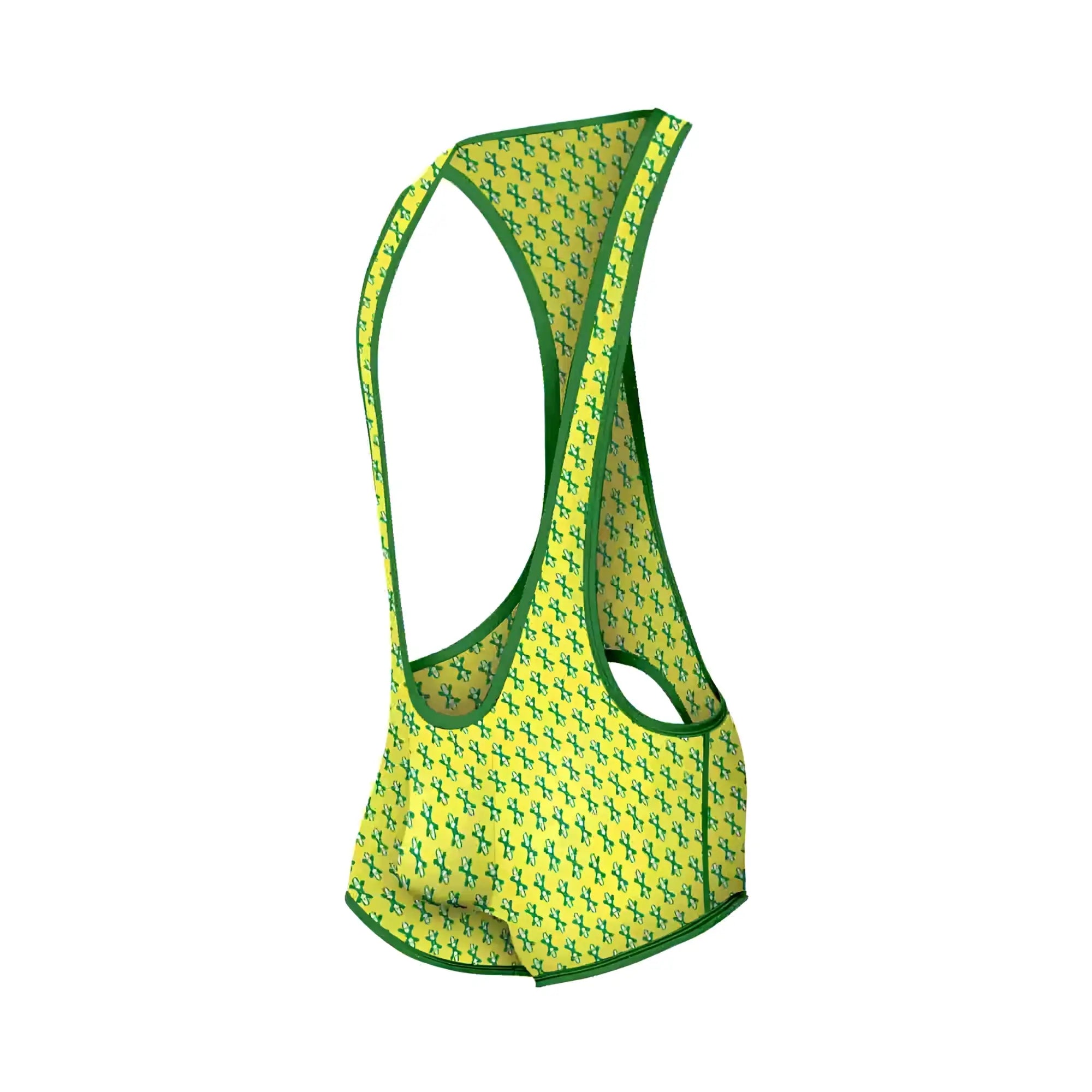 Bright yellow mob singlet cycling jersey with green crosshatch pattern and trim front view