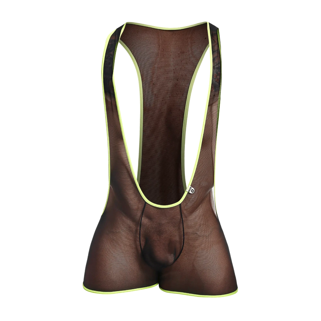 Brown mesh cycling bib shorts with neon yellow trim shown from the back in the MOB singlet product image
