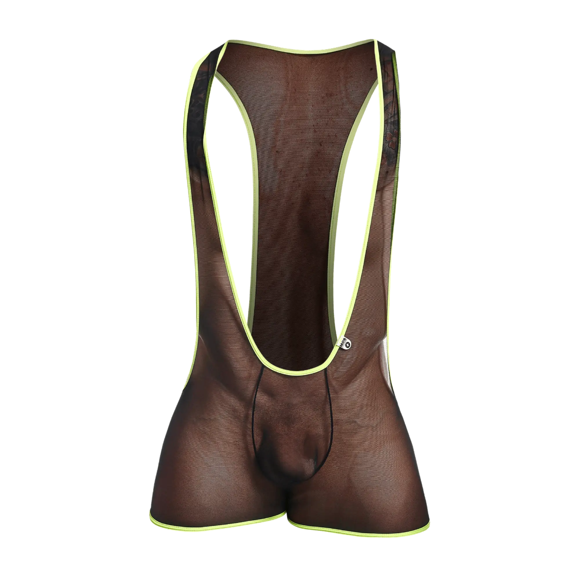 Brown mesh cycling bib shorts with neon yellow trim shown from the back in the mob singlet product image