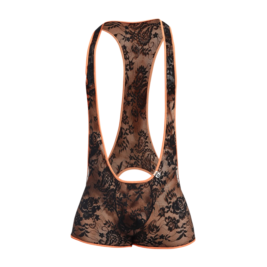 Black floral lace cycling bib shorts with orange trim shown from the back for MOB Singlet product