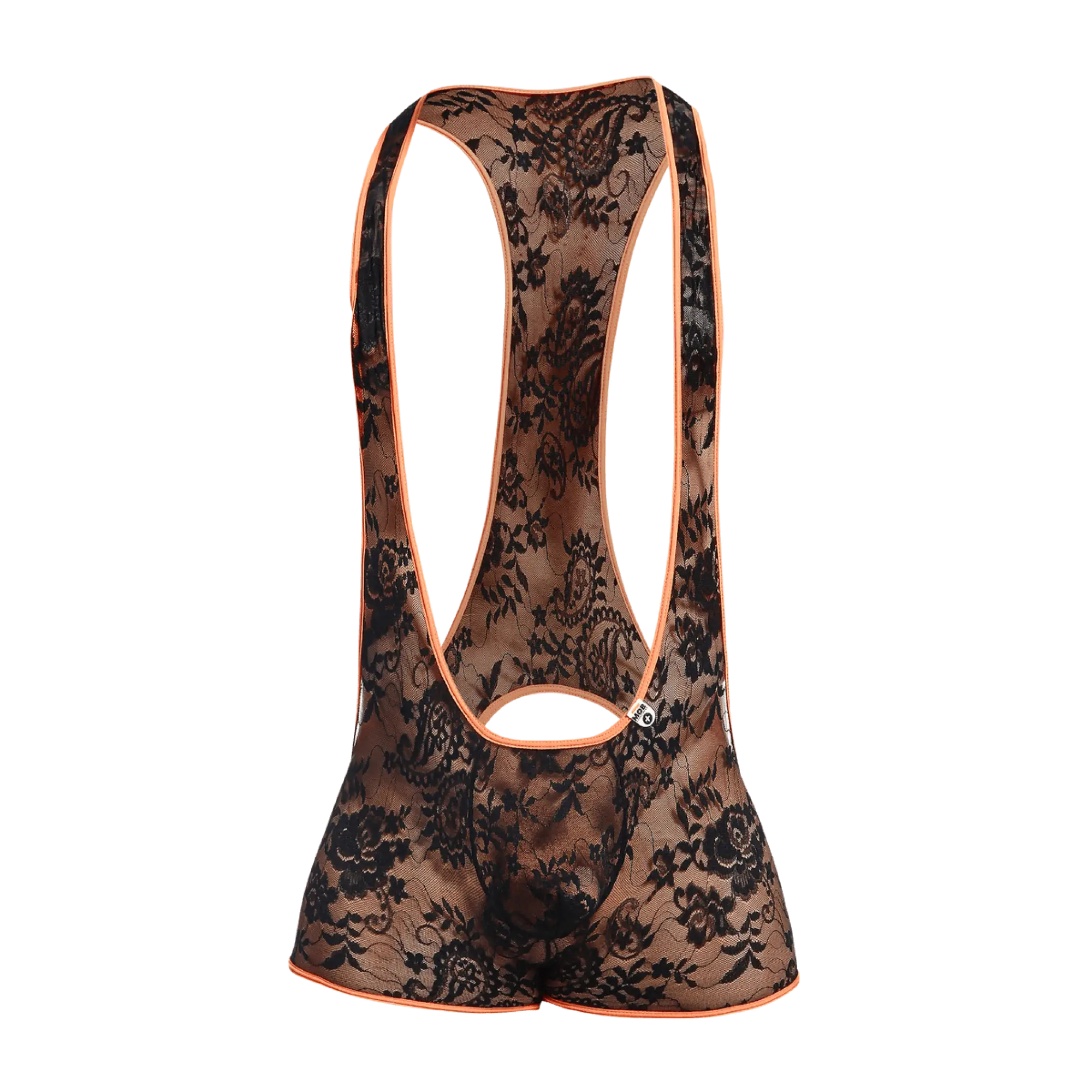 Black floral lace cycling bib shorts with orange trim shown from the back in the MOB singlet product line