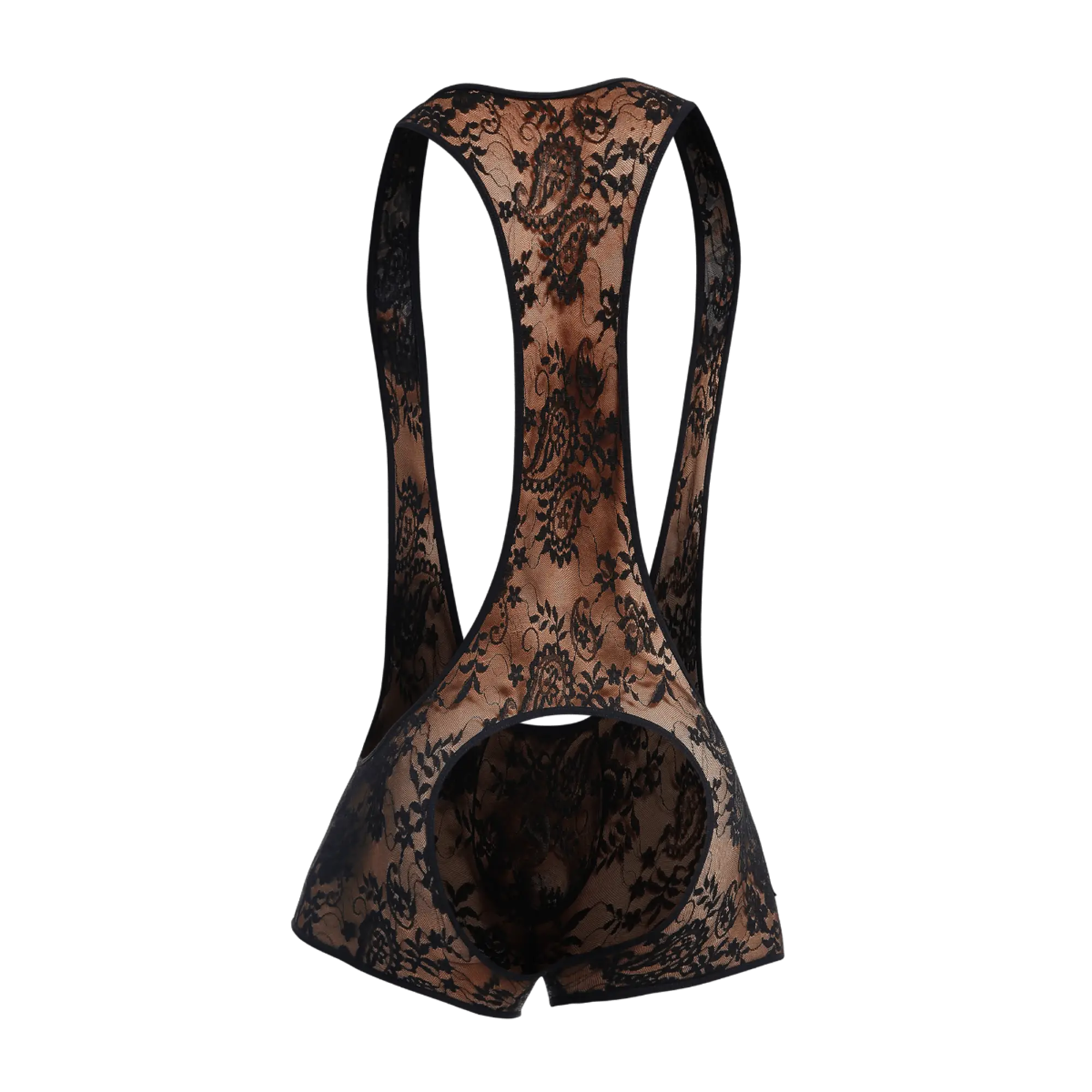 Black lace cycling bib shorts with sheer patterned design shown from the back in mob singlet collection