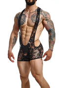 Black lace mob singlet bodysuit with intricate floral patterns and a sheer form-fitting design