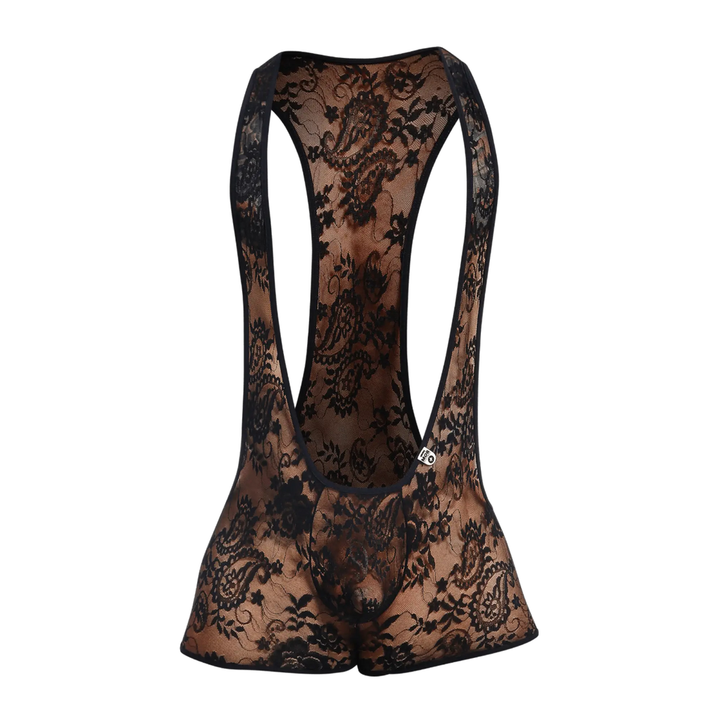 Black lace mob singlet bodysuit with intricate floral patterns and sheer form-fitting design