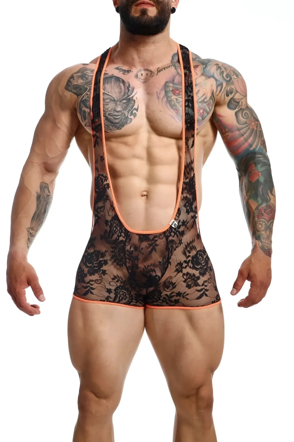 Black lace MOB singlet bodysuit with orange trim featuring a delicate lace material and vibrant accent colors