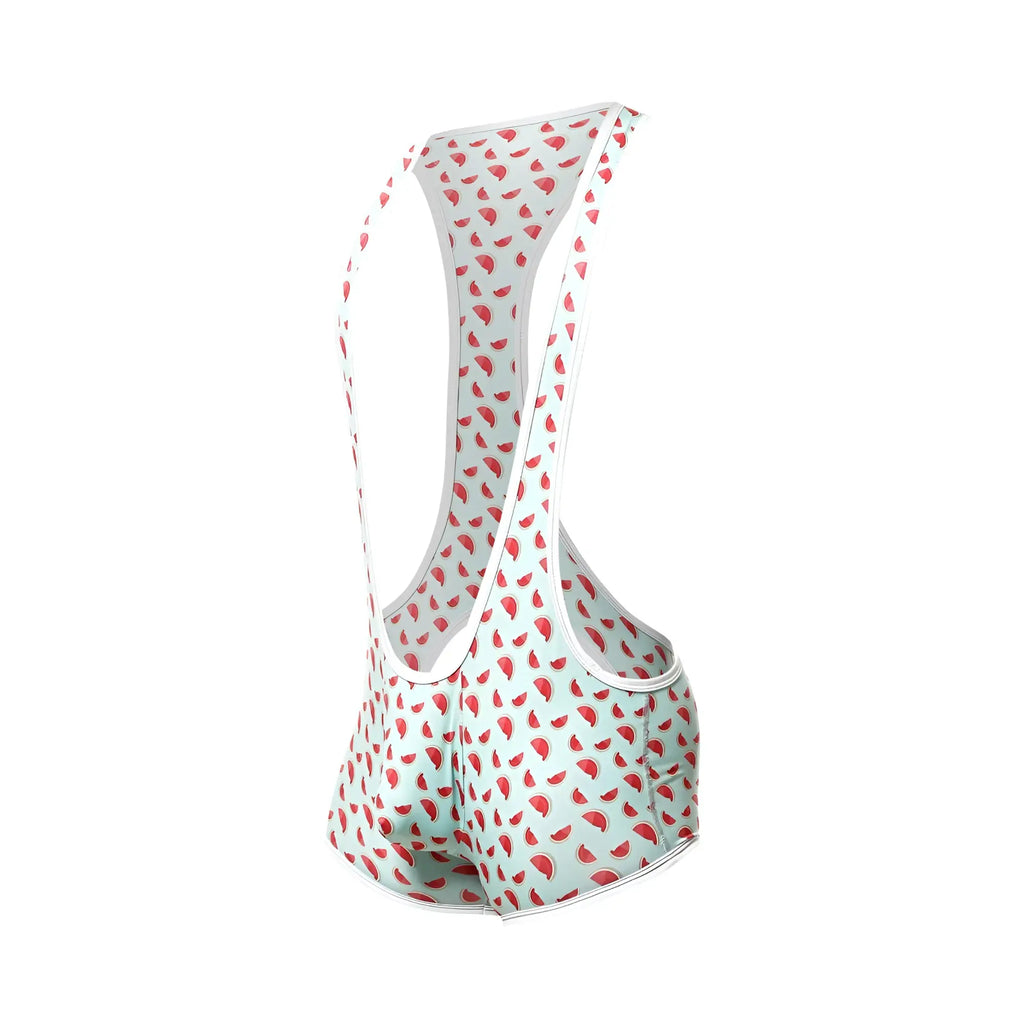 Light blue cycling bib shorts with red watermelon slice pattern and white trim, part of the MOB singlet collection