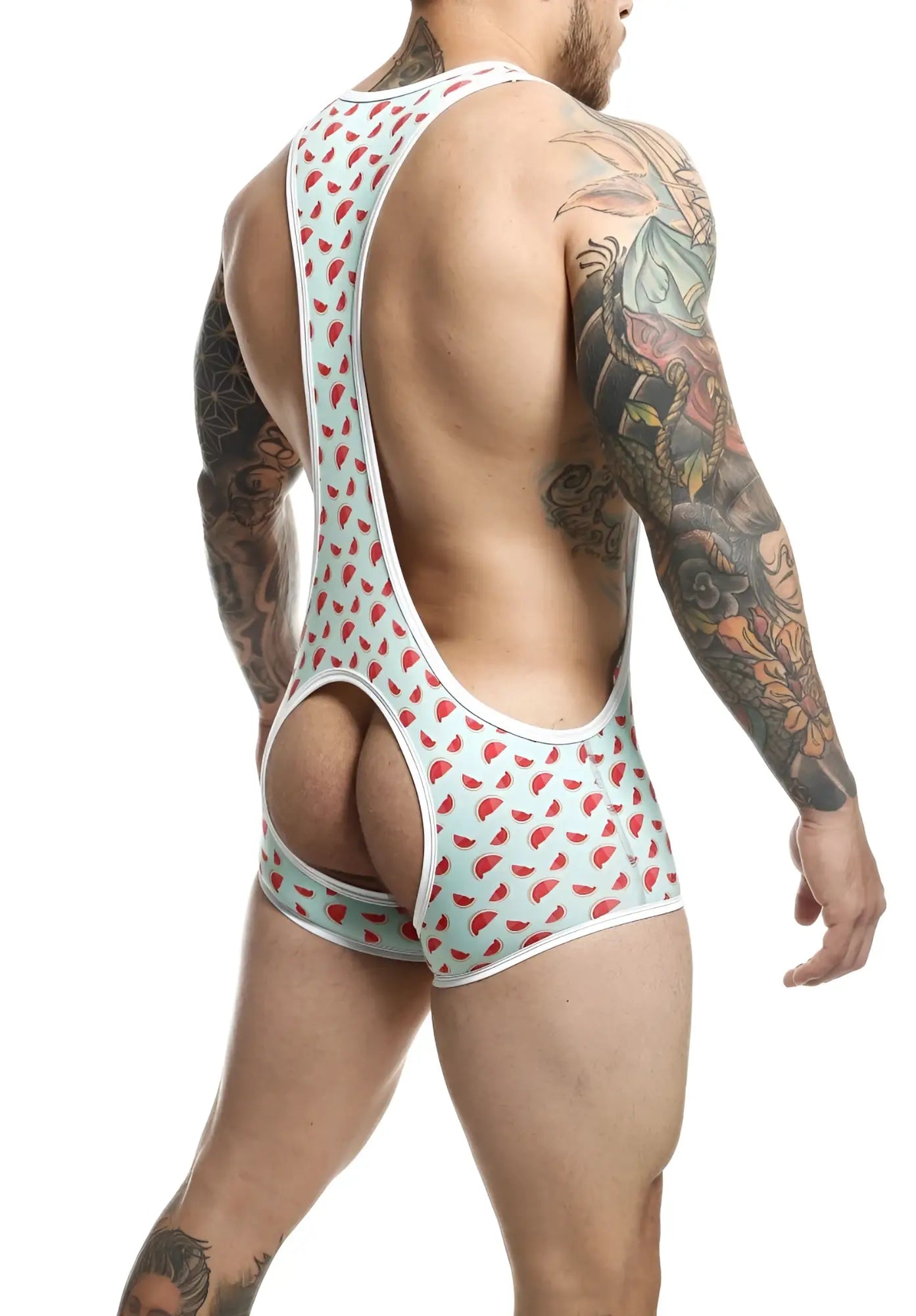 Men’s athletic one-piece singlet in light blue and red watermelon slice pattern with white trim for sports use