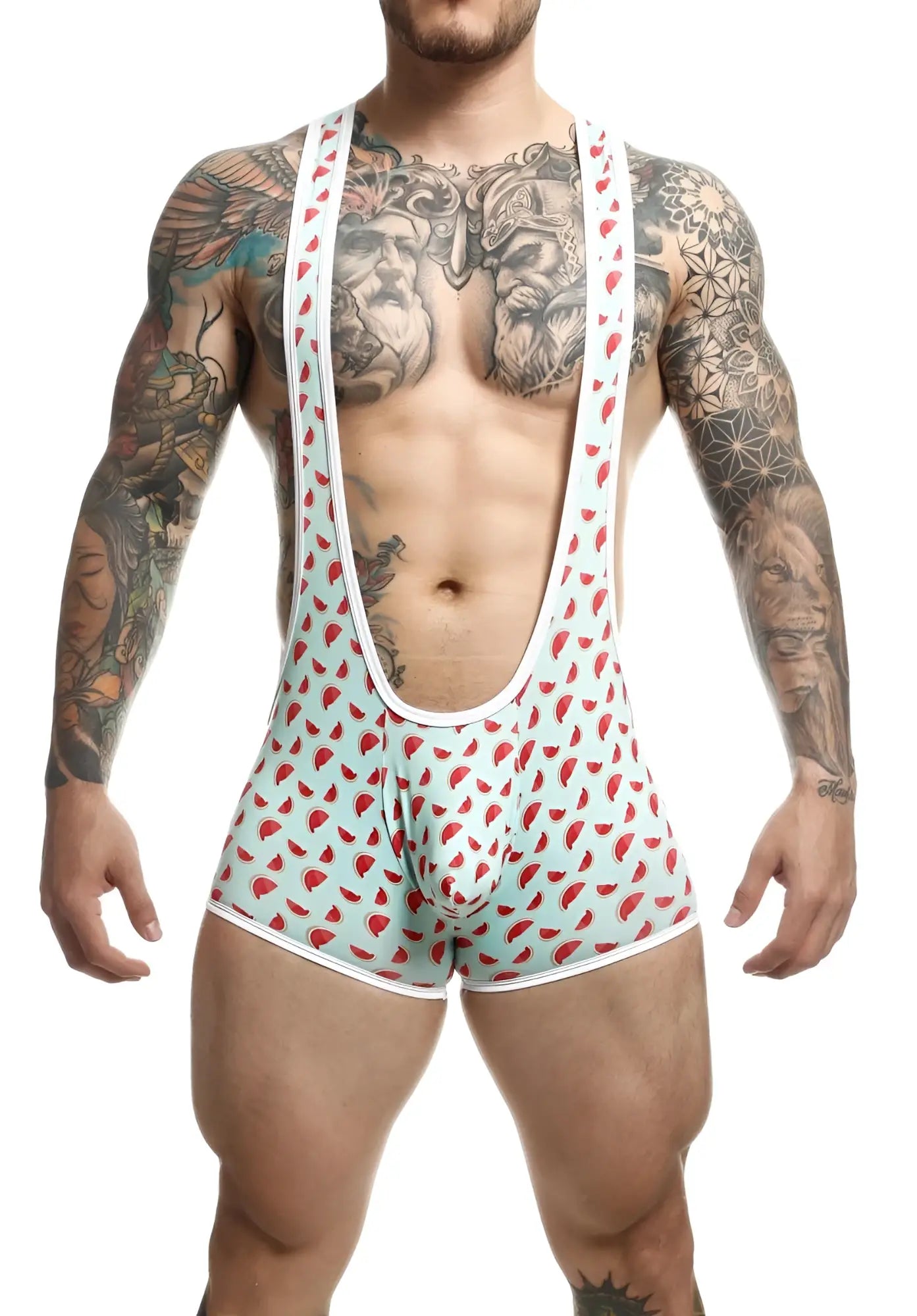 MOB singlet men’s athletic singlet with light blue and red watermelon slice pattern and white trim for sportswear