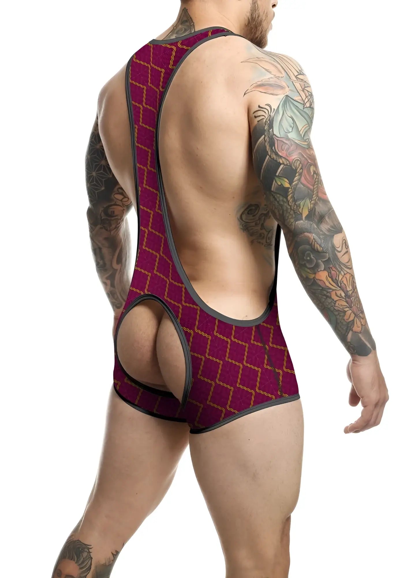 Back view of maroon and gold patterned mob singlet with a distinctive open-back design for athletic use